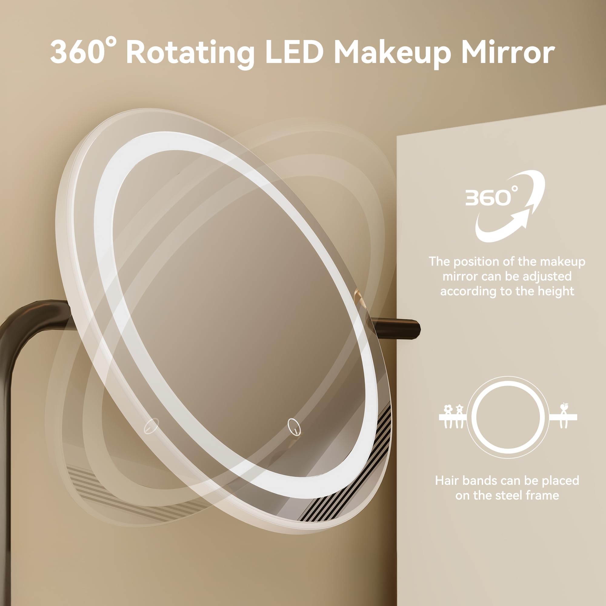 Dowinx White Vanity Desk with LED Lighted Mirror & Power Outlet - Adjustable 3 Lighting Modes, Small Makeup Dressing Table with Stool for Bedroom - Perfect for Girls' Room, Home Salon & Beauty Routine