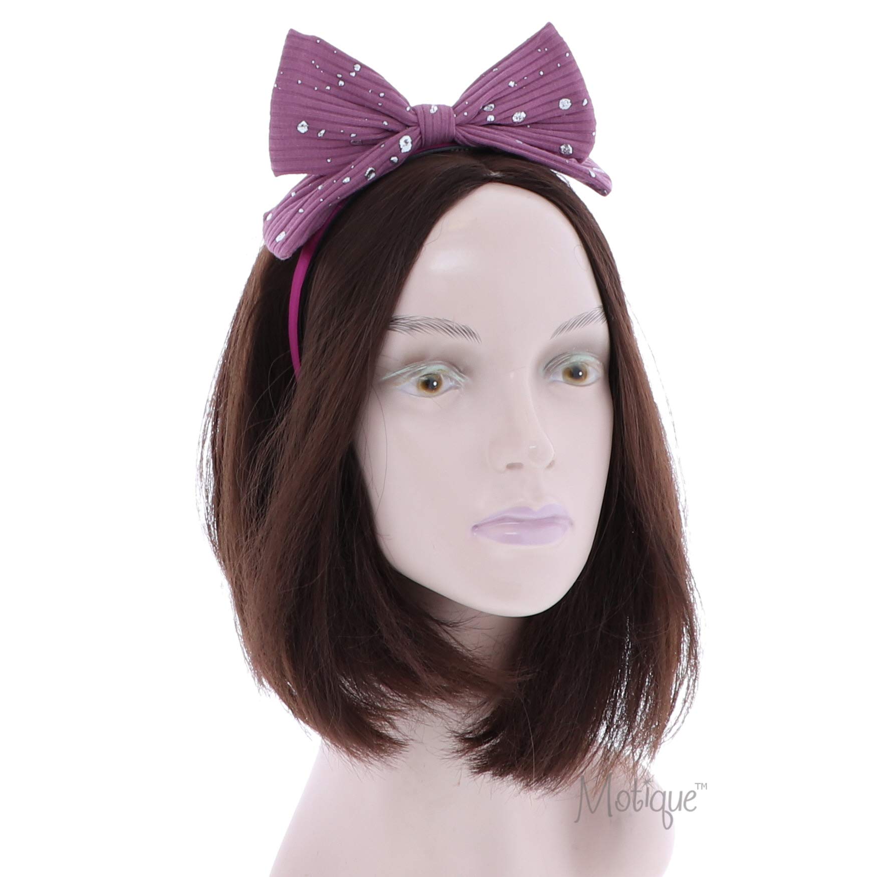 Motique Small Ribbed Pop Up Bow Headband with Silver Splatter for Girls - Rose | Stylish Hair Accessories for School, Parties & Everyday Wear