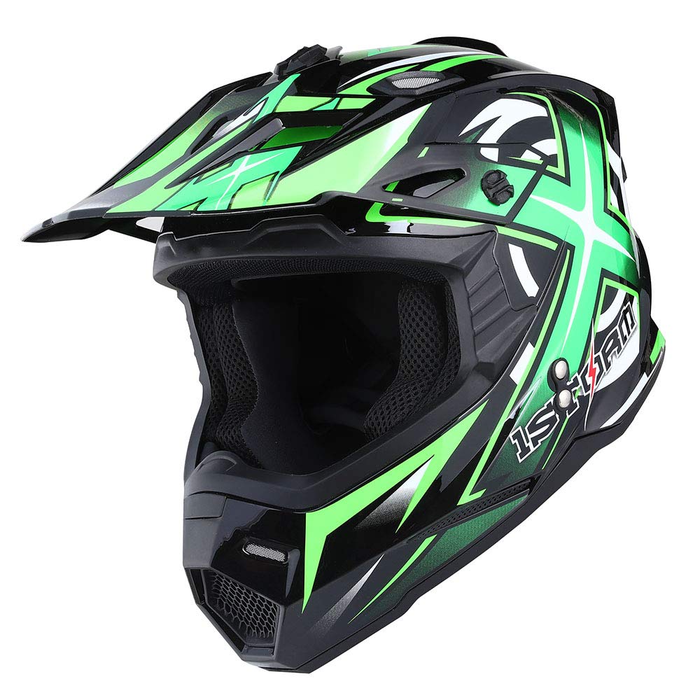 1Storm Adult Motocross Helmet - BMX MX ATV Dirt Bike Racing Helmet HF801 with Bluetooth Headset (Sonic Green) | Lightweight & DOT Approved for Off-Road Motorcycle, ATV & BMX Riding