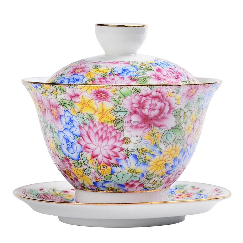 Premium Enamel Porcelain Flower Gaiwan Tea Set - Traditional Chinese Tea Cup with Lid & Saucer - Perfect for Gongfu Tea Ceremony, Home Decor, and Gift Giving