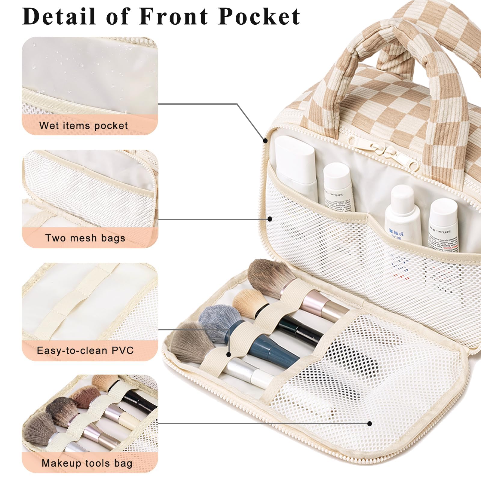 Travel Toiletry Bag for Women - Large Capacity Waterproof Cosmetic Organizer with Wide Opening | Lightweight Quilted Makeup Bag for Essentials | Perfect for Air Travel, Gym & Vacation (Checkered Brown)