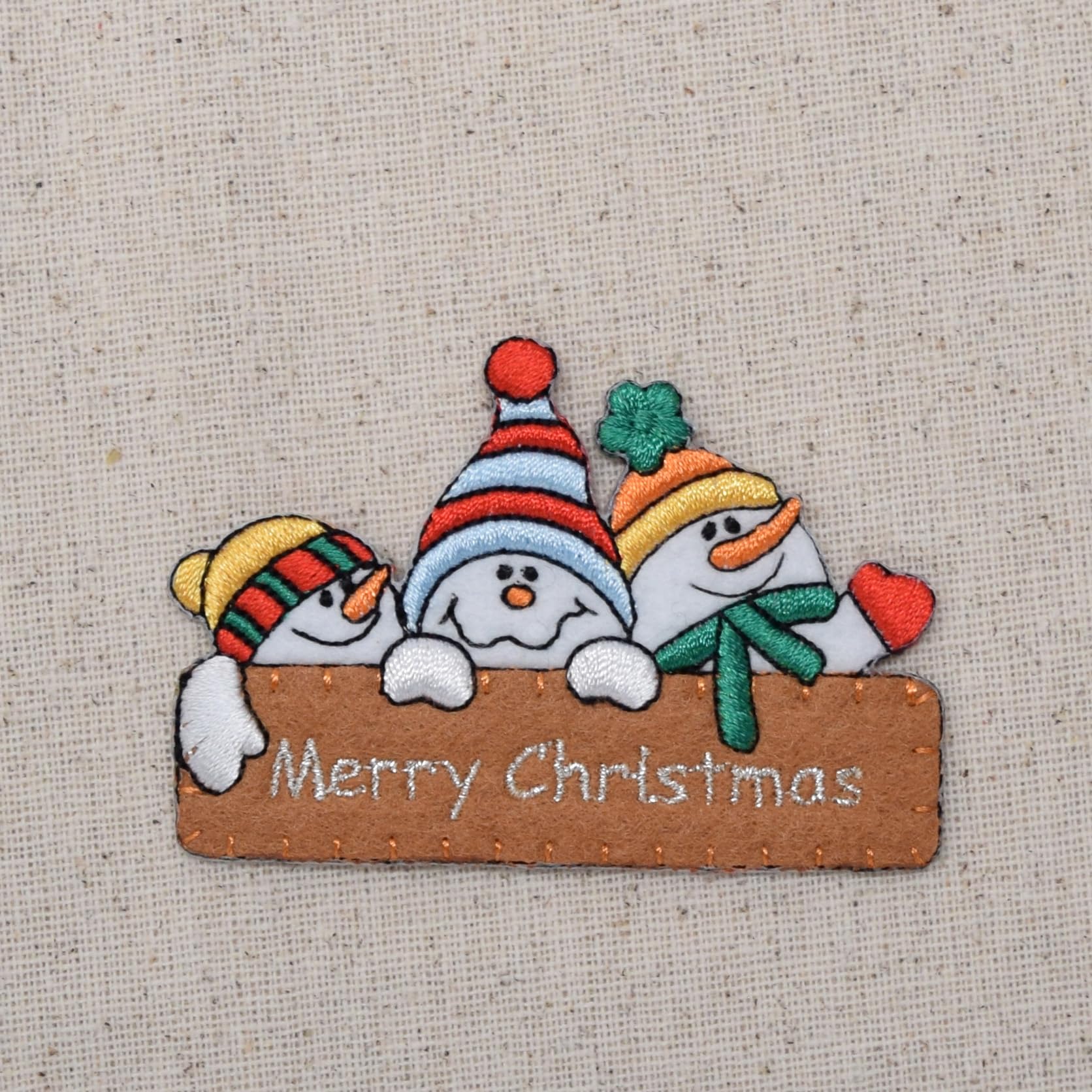 Merry Christmas Iron-On Patch with Three Snowmen - Festive Embroidered Applique for DIY Holiday Decor, Clothing & Gift Customization