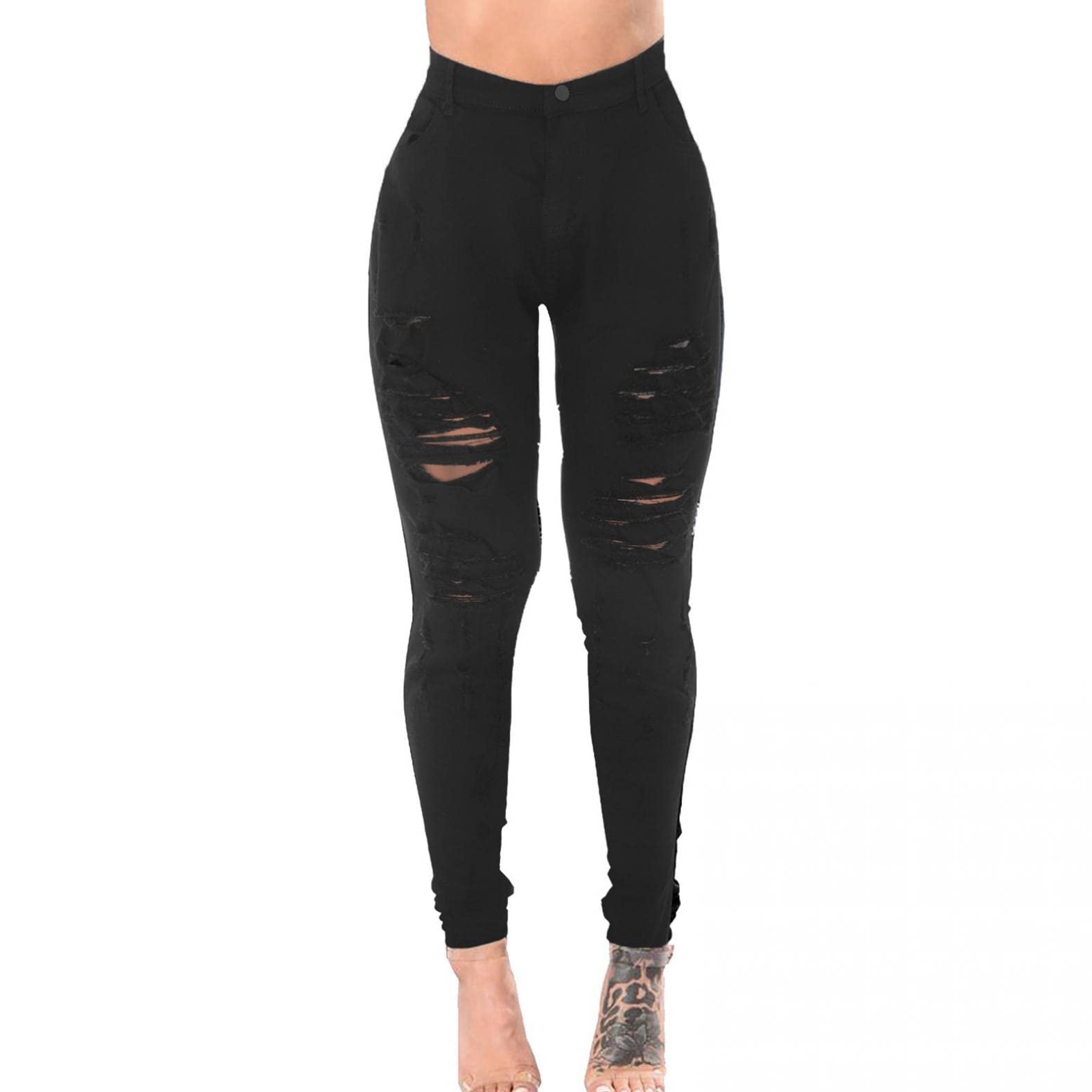Women's Ripped High Waist Jeggings - Butt Lift Skinny Jeans for Casual Wear