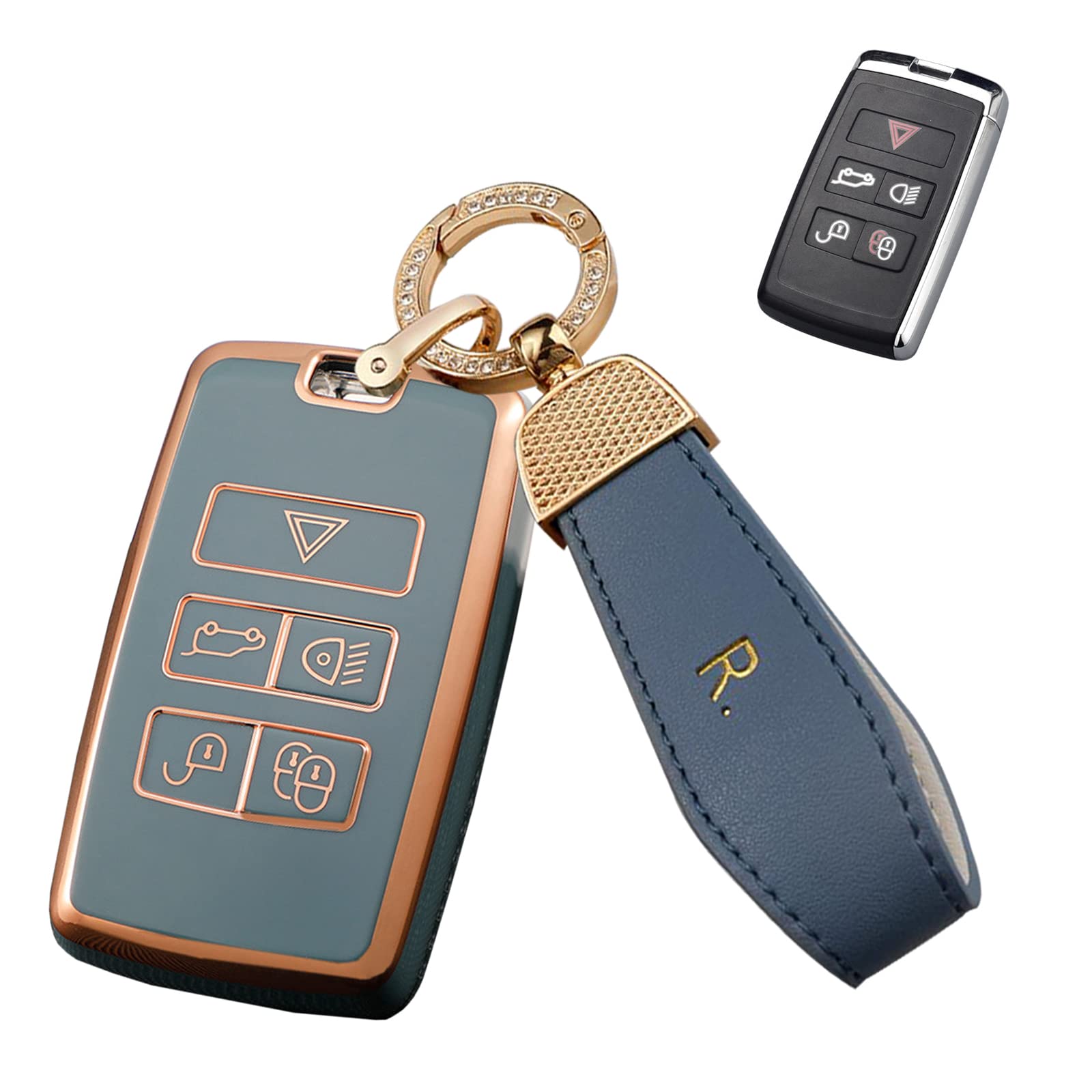 Premium Golden-Edge TPU Key Fob Cover for Land Rover Range Rover Discovery & Sport (2018-2019) & Jaguar XF (2021) - Durable Keyless Entry Case Shell with Leather Keychain (Gray-Blue) | Car Key Protection & Style Accessory