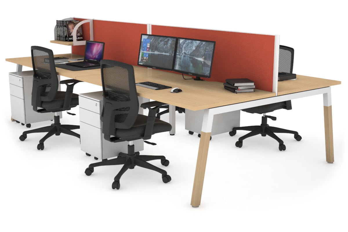 Quadro A Legs 4-Person Office Workstation with Wood Legs & Cross Beam - 1400L x 800W Dimensions, Cable Management Scallop | Perfect for Collaborative Workspaces & Modern Offices