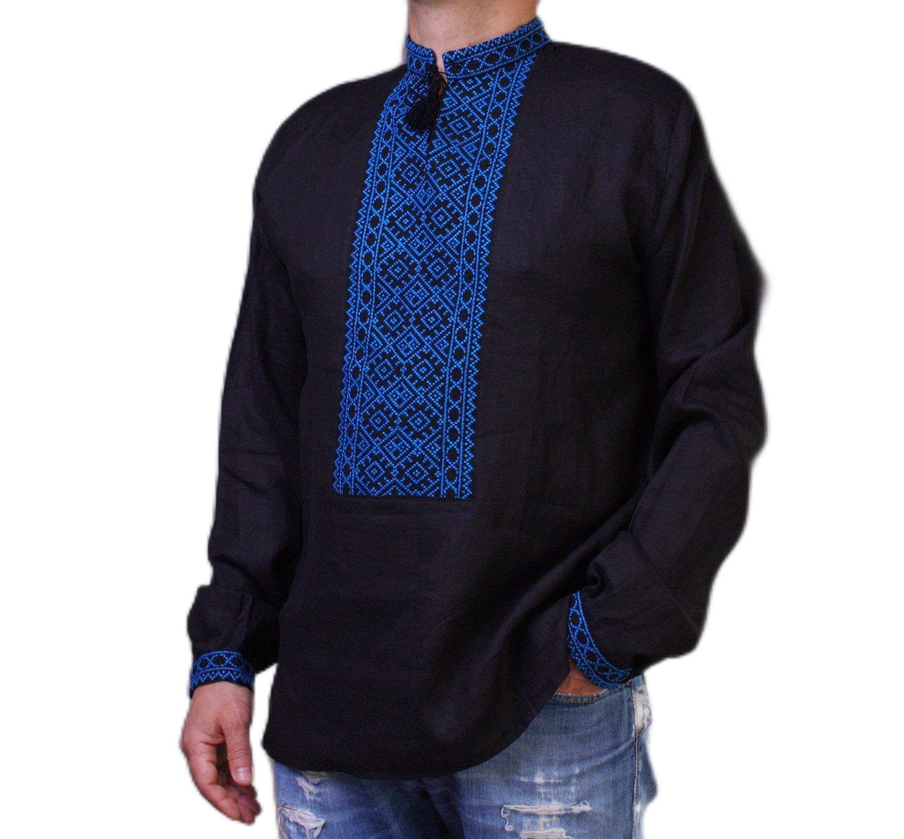 Authentic Ukrainian Vyshyvanka Linen Shirt for Men - Handmade Black & Blue Embroidery from Ukraine (Small) | Perfect for Cultural Events, Weddings & Ethnic Fashion