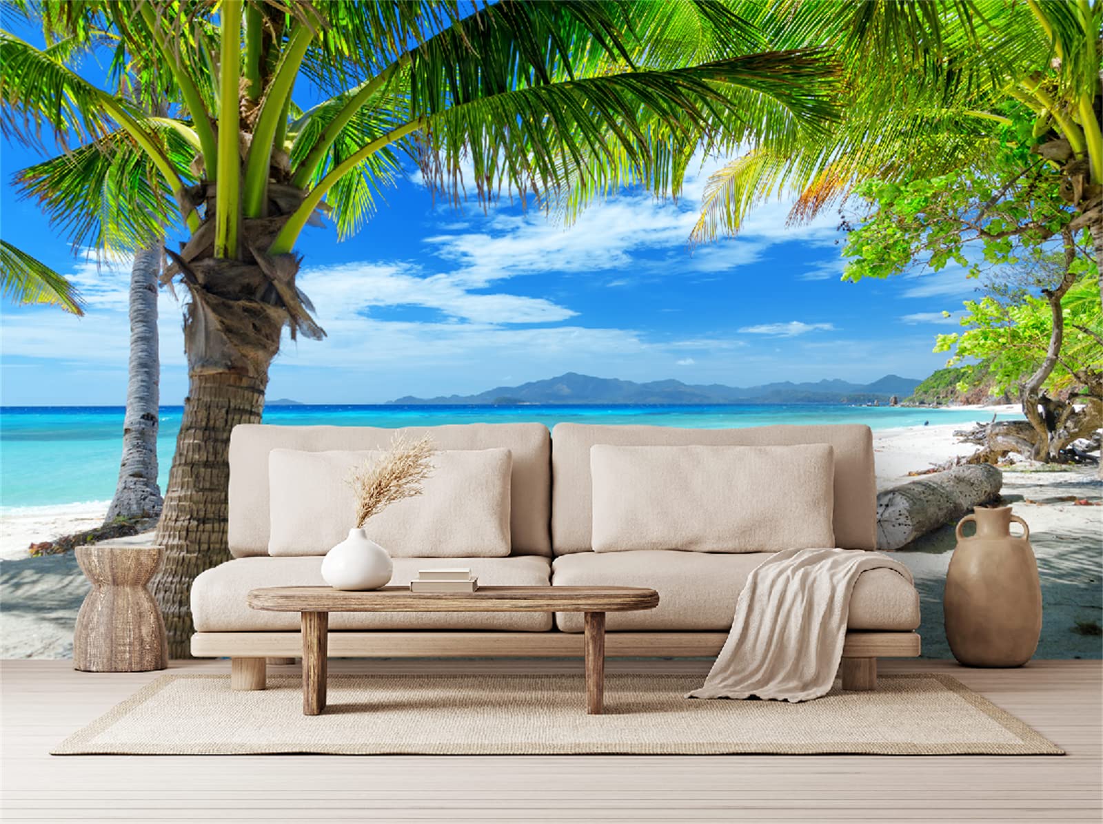FLFK 3D Peel and Stick Wallpaper - Minimalist Green Tree on White Sand Beach Self-Adhesive Mural (78.7x59 inches) for Bedroom, Living Room, Nursery & Office Decor - Easy DIY Home Renovation & Accent Wall Design