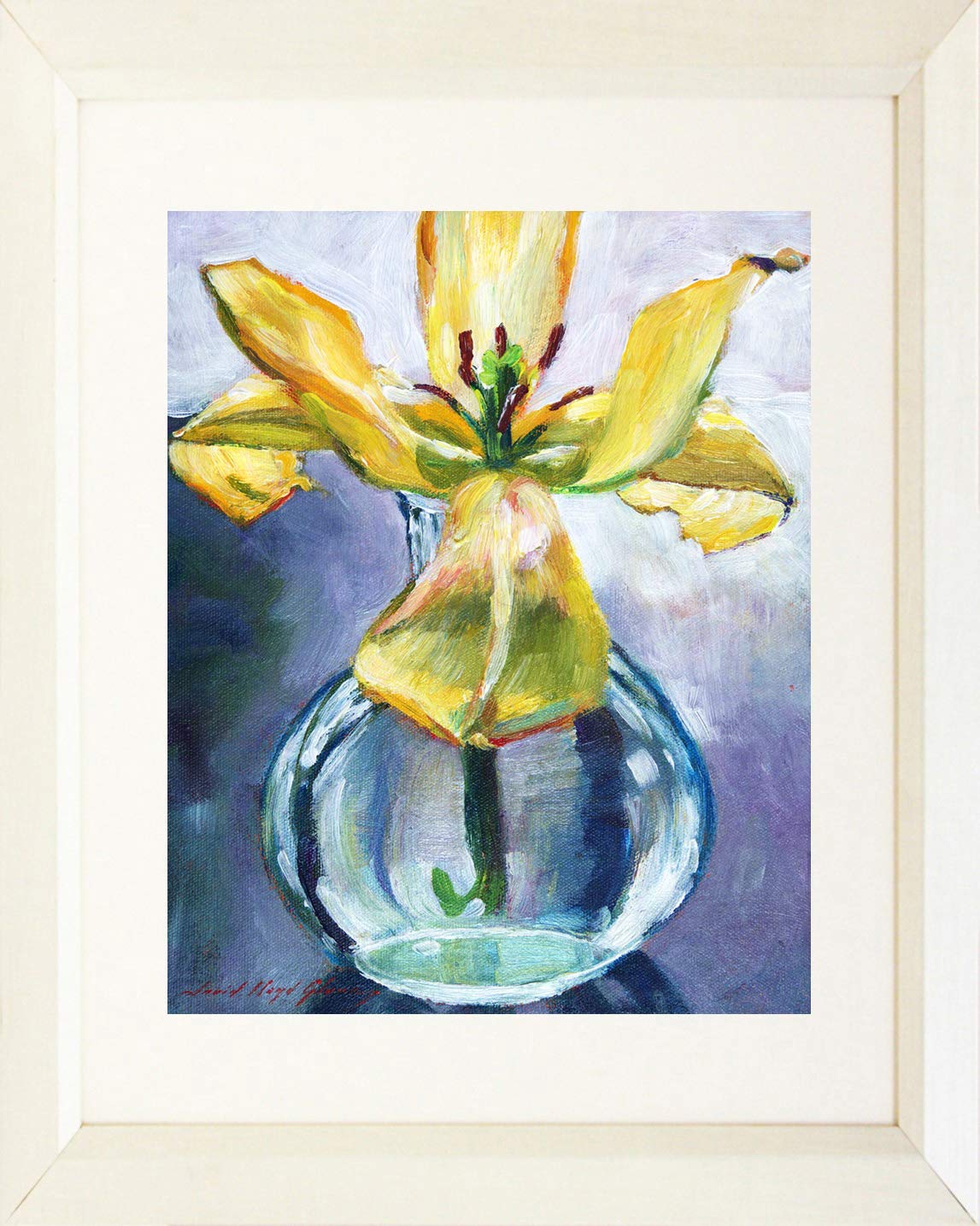 David Lloyd Glover 'Lily in a Vase' 20x16 Matted Art Print with White Frame - Blue Floral Wall Decor for Living Room, Bedroom & Office