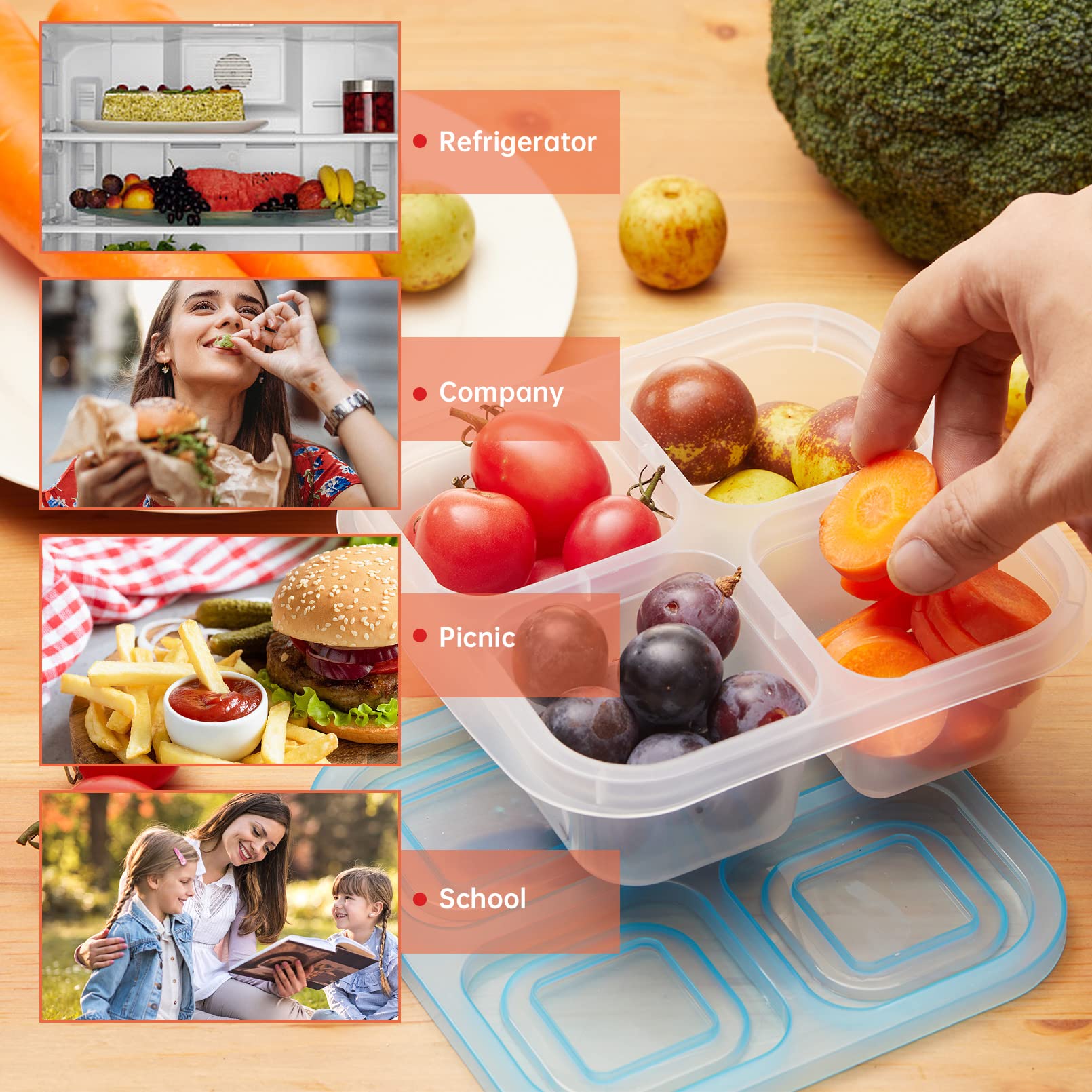 Bento Snack Boxes 10 Pack - 4-Compartment Stackable Food Storage Containers with Lids | BPA Free, Dishwasher Safe Reusable Lunch Boxes for Kids & Adults | Perfect for School, Office, Picnics & Meal Prep