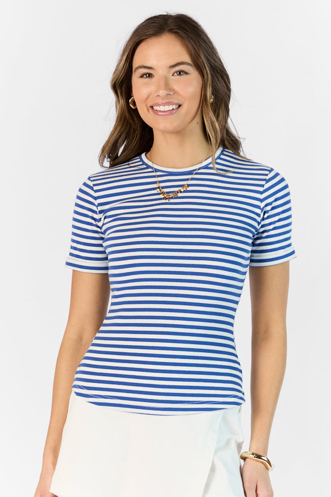 In Reach Navy Ribbed Knit Stripe Tee - Women's Casual Striped T-Shirt for Everyday Wear | Perfect for Work, Weekend & Layering