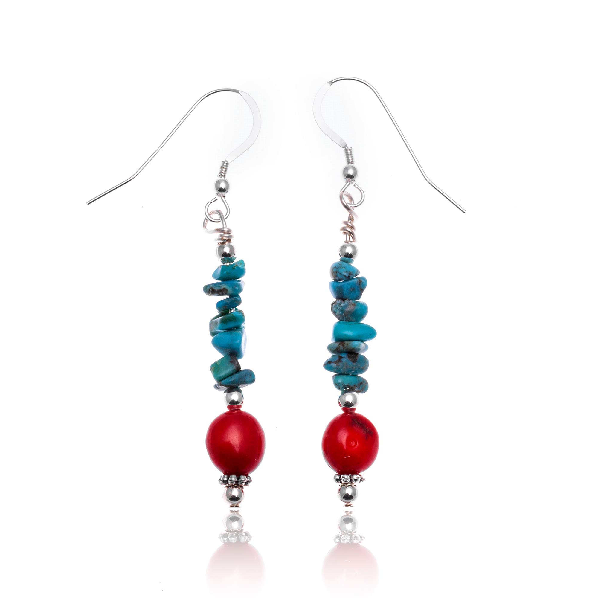 Authentic Navajo .925 Sterling Silver Earrings with Natural Turquoise & Coral - Native American Handmade Jewelry for Women - Perfect for Festivals, Weddings & Boho Fashion
