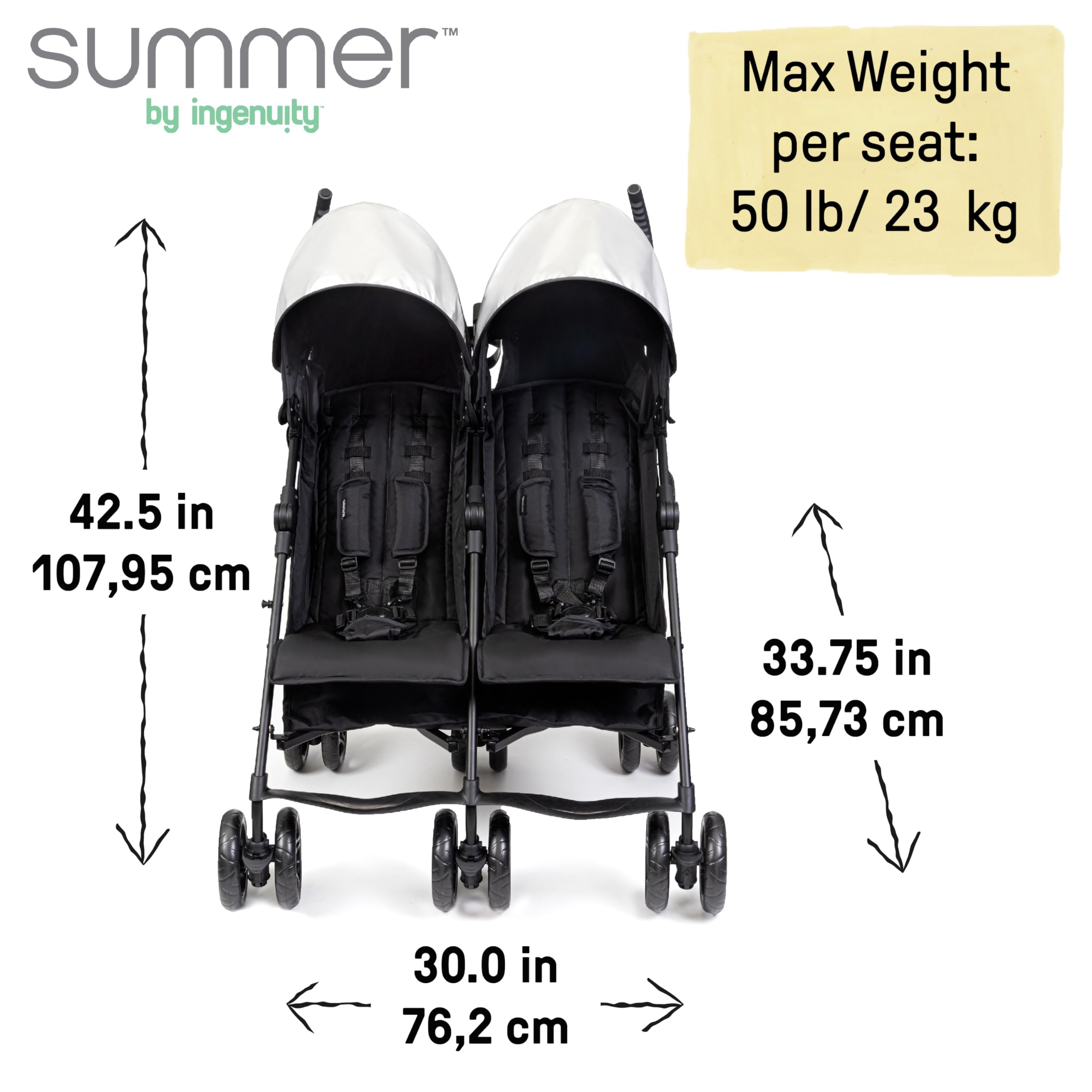 Summer Infant 3Dlite Compact Side by Side Double Stroller - Lightweight Foldable Baby Stroller with 5-Point Safety Harness for Twins or Siblings (Black) | Perfect for Travel, Shopping & Daily Walks with Two Kids