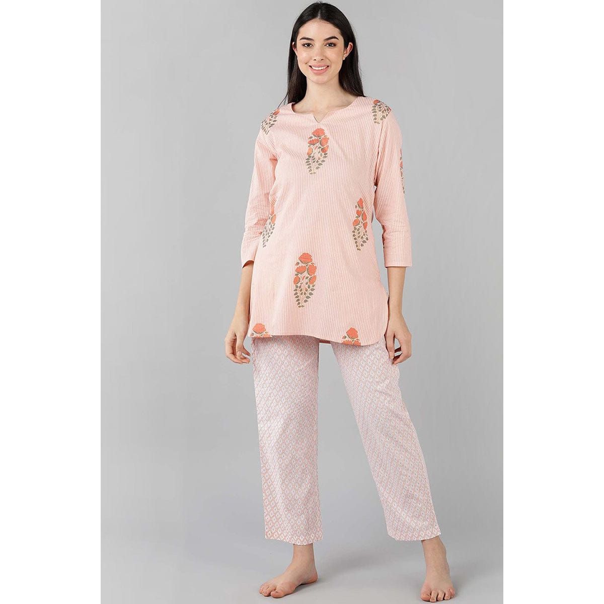 Soft Pink Cotton Striped Nightwear Set for Women - Cozy Sleepwear & Loungewear for Relaxing at Home