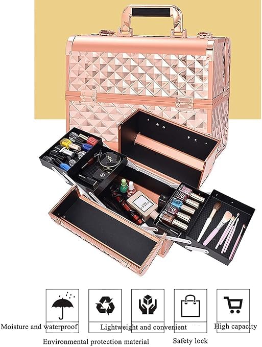 Professional Beauty Makeup Cosmetic Vanity Case - Diamond Cut Rose Gold Travel Organizer for Makeup Brushes & Cosmetics | Perfect for Home, Salon & Travel Use