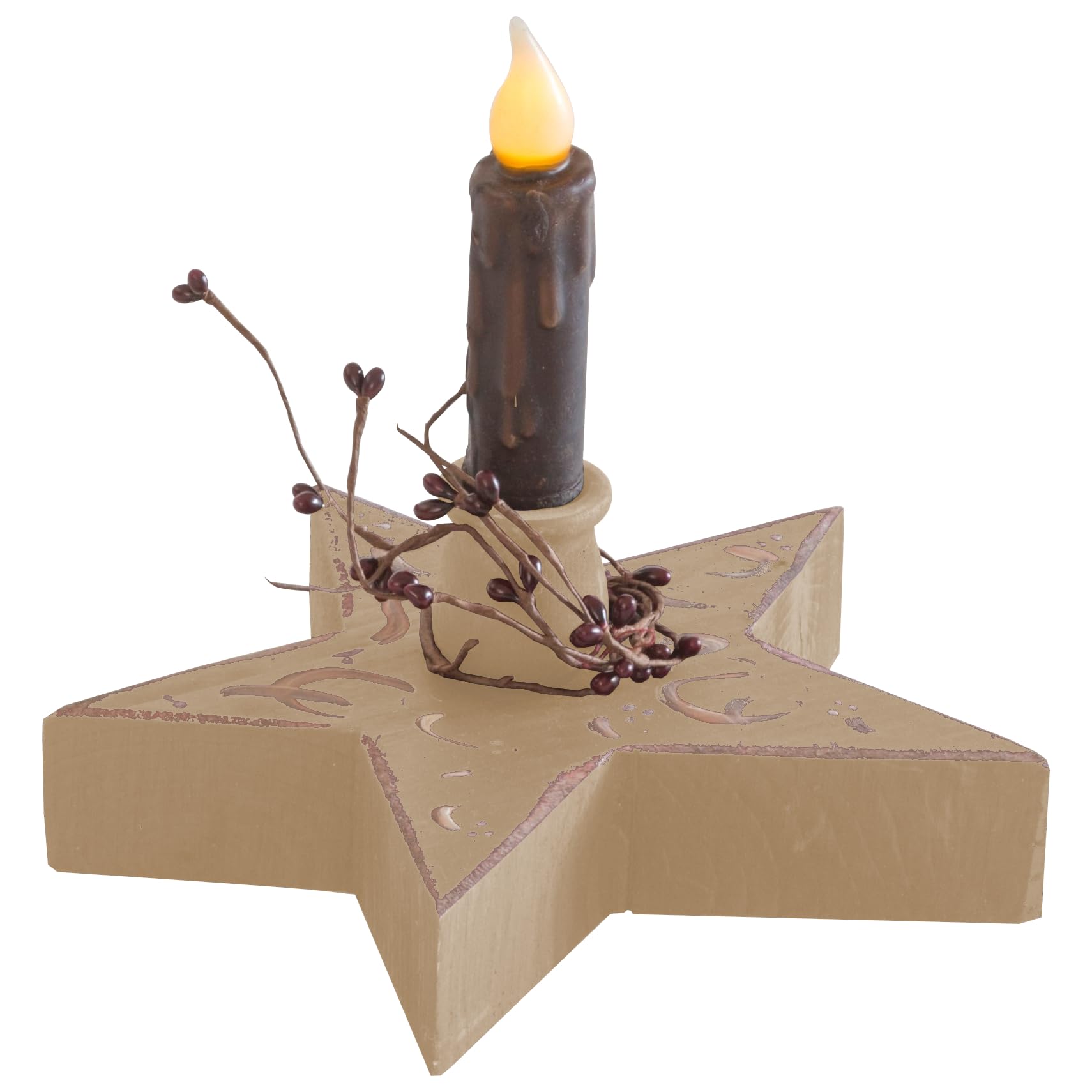 Farmhouse Star Candle Holder with Flameless LED Candle - Rustic Country Tan Home Decor for Christmas, Wedding, and Cozy Living Room Ambiance
