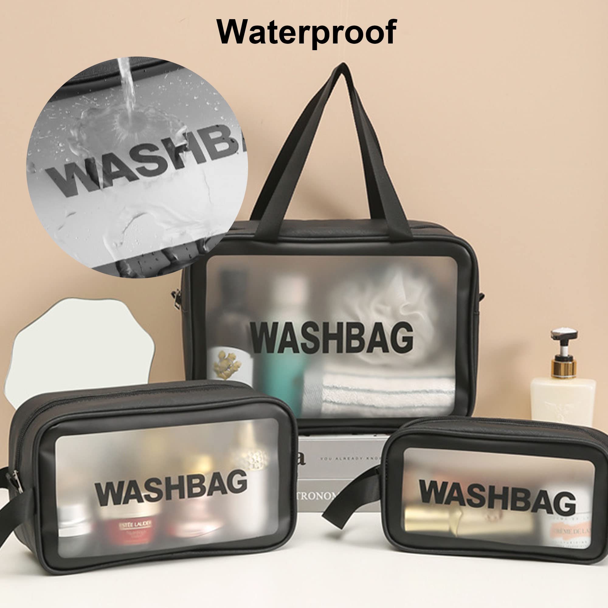 **3-Pack Clear Travel Toiletry Bags - Waterproof Cosmetic Organizer for Makeup, Toiletries & Essentials - Portable Wash Bag for Men, Women & Kids (Black) - Perfect for Air Travel, Gym & Camping**