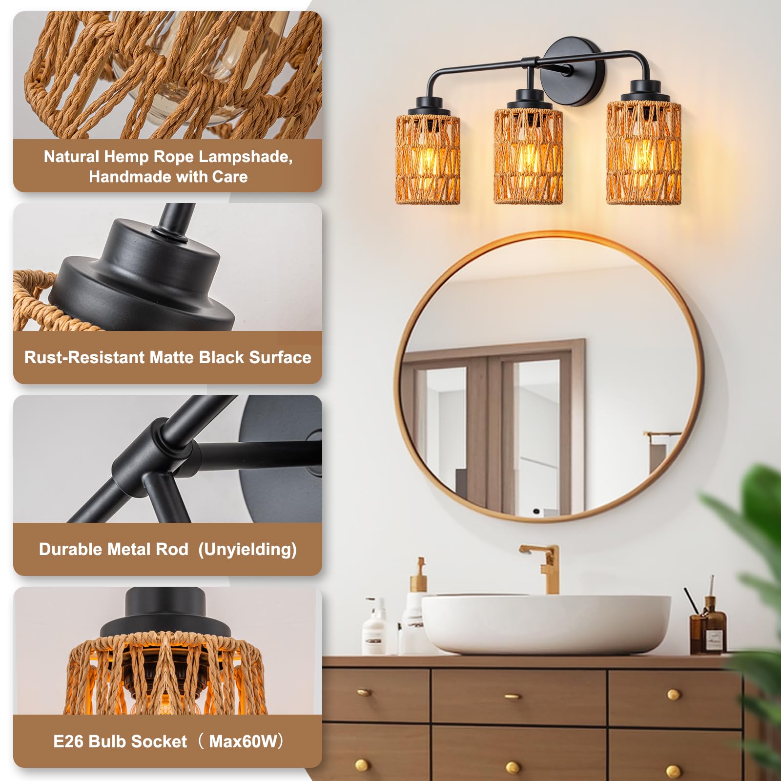 3-Light Rustic Farmhouse Vanity Lighting - Boho Rattan Wall Sconce with Hand Woven Design for Bathroom Mirror, Bedroom & Hallway - Natural Style Wall Mounted Fixture for Home Decor