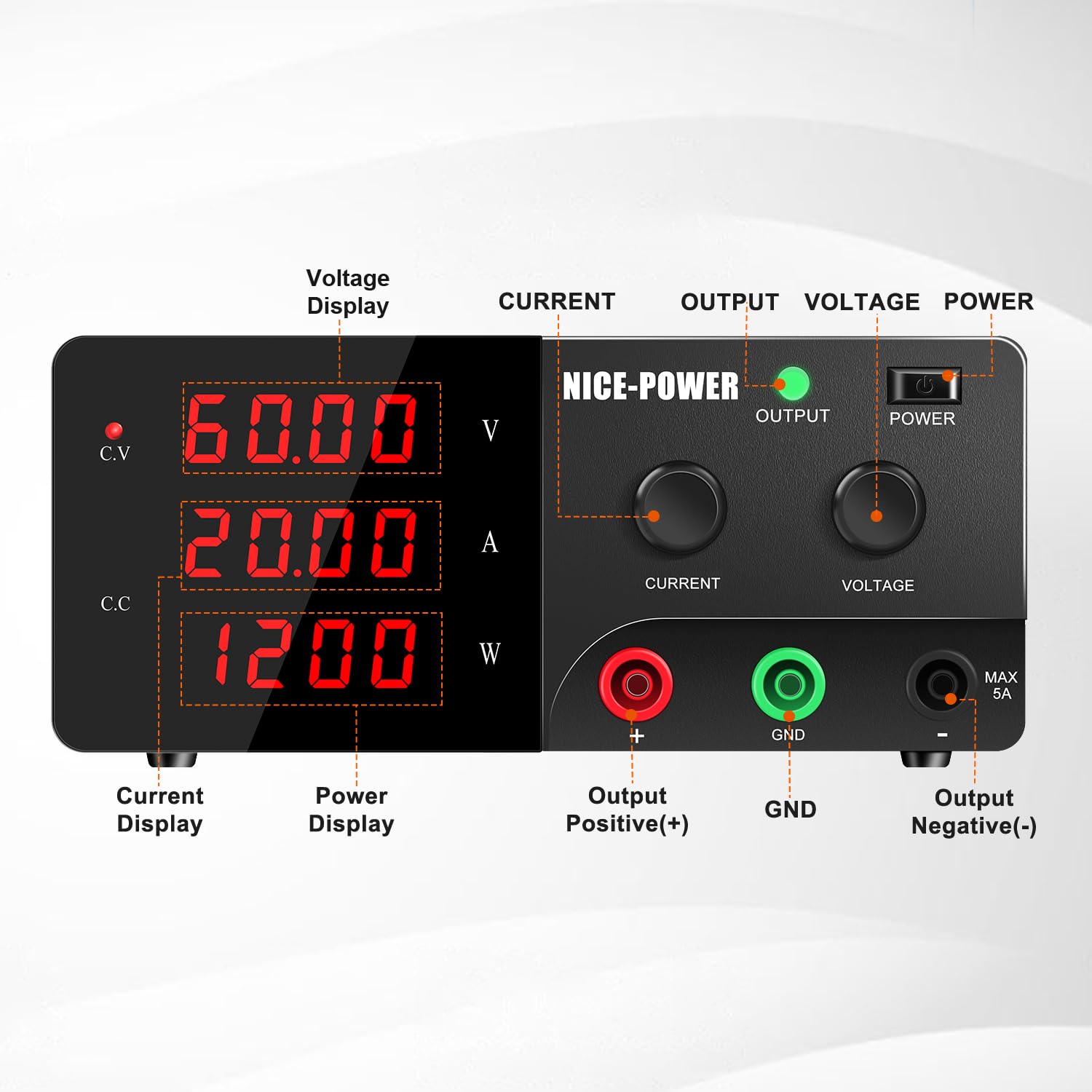 NICE-POWER 60V 20A 1200W Adjustable DC Power Supply with Encoder Knob & Output Switch - High Precision Variable Bench Power Supply for Electronics Repair, Lab Testing, and DIY Projects
