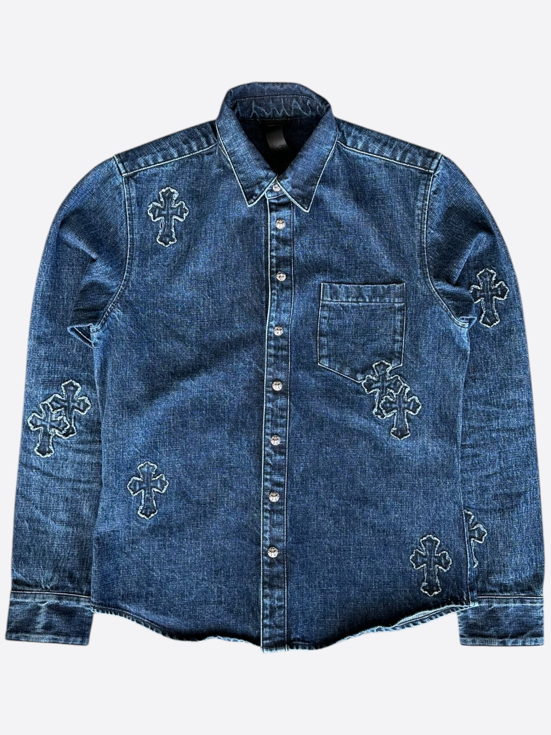 Chrome Hearts Blue Embroidered Cross Patch Denim Shirt for Men | Vintage Distressed Designer Shirt | Perfect for Streetwear & Casual Outfits
