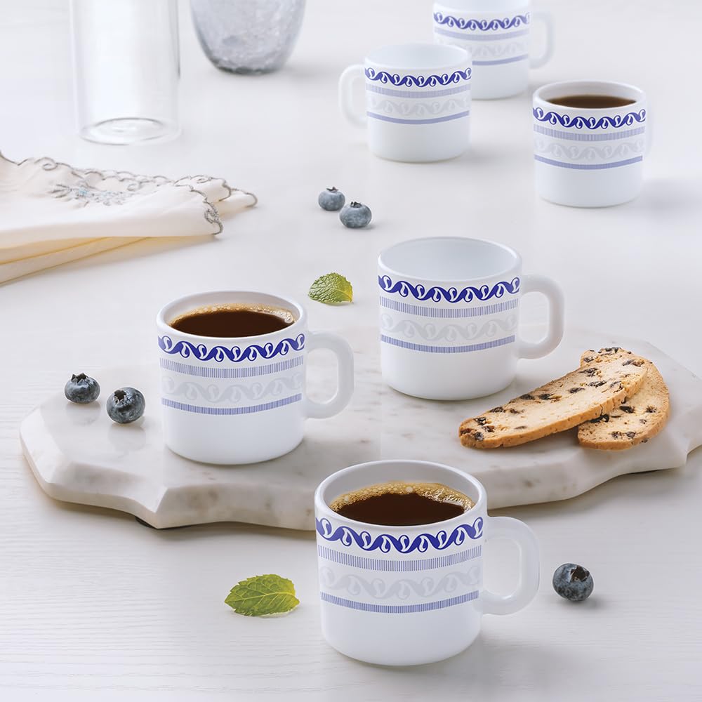 BOROSIL Larah Jazzblue Opalware Coffee Mug Set of 6 (100ml Each) - Microwave & Dishwasher Safe, Bone-Ash Free - Elegant White Tea Cups for Home, Office, Gifts & Daily Use