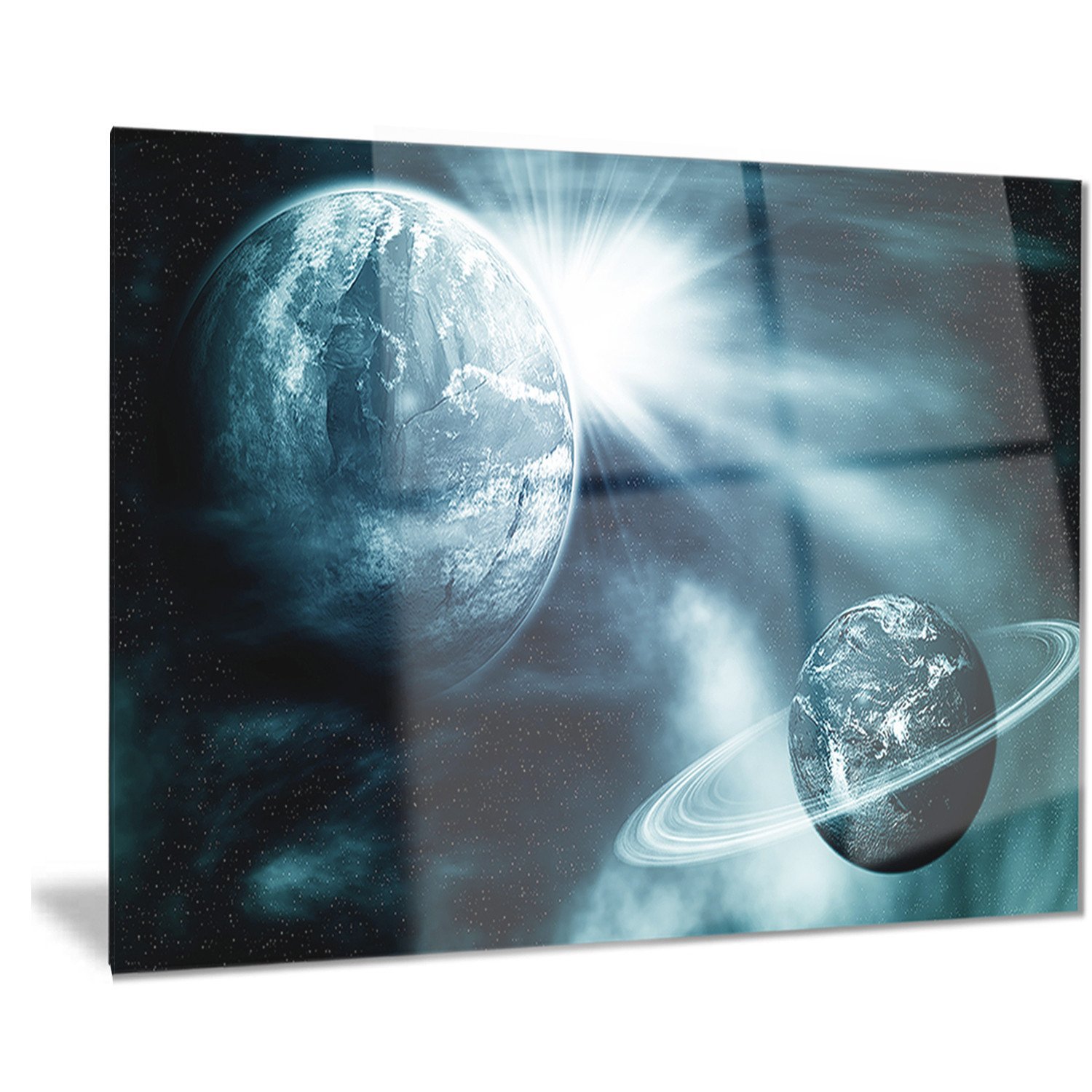 Designart Space View with Two Planets - Modern Spacescape Metal Wall Art - 40x30 Inches - 30'' H x 40'' W x 1'' D - Perfect for Living Room, Bedroom, or Office Decor