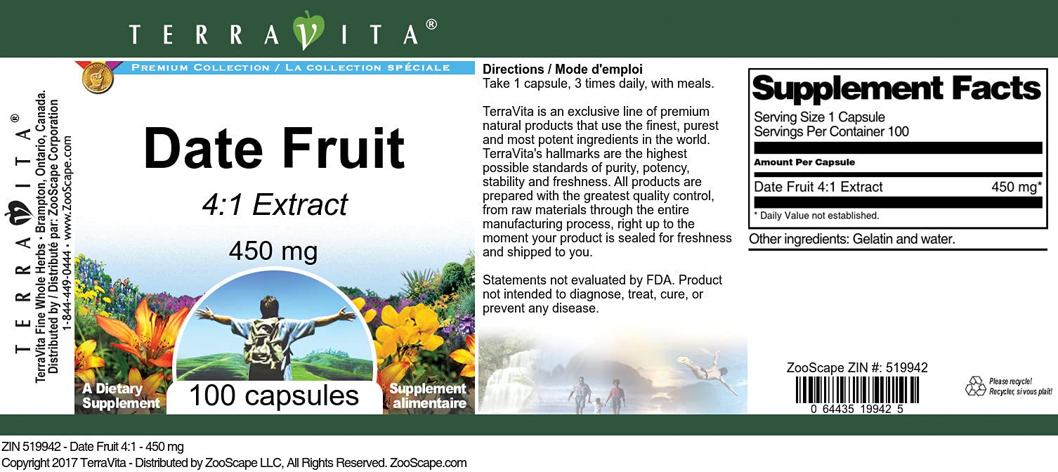 Premium Date Fruit Extract 4:1 - 450mg per Capsule (100 Capsules per Bottle, 3-Pack) | Natural Energy Booster & Digestive Support | Perfect for Smoothies, Baking & Healthy Snacks