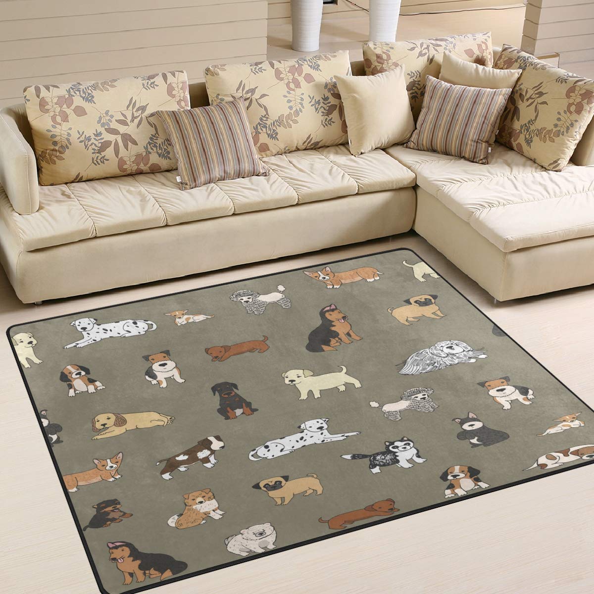 Vintage Cartoon Dog Pattern Area Rug - Dachshund, Pug & Chihuahua Design Soft Non-Slip Living Room Bedroom Rug 7x5 Feet - Perfect for Kids Room, Nursery or Pet Lover's Home Decor