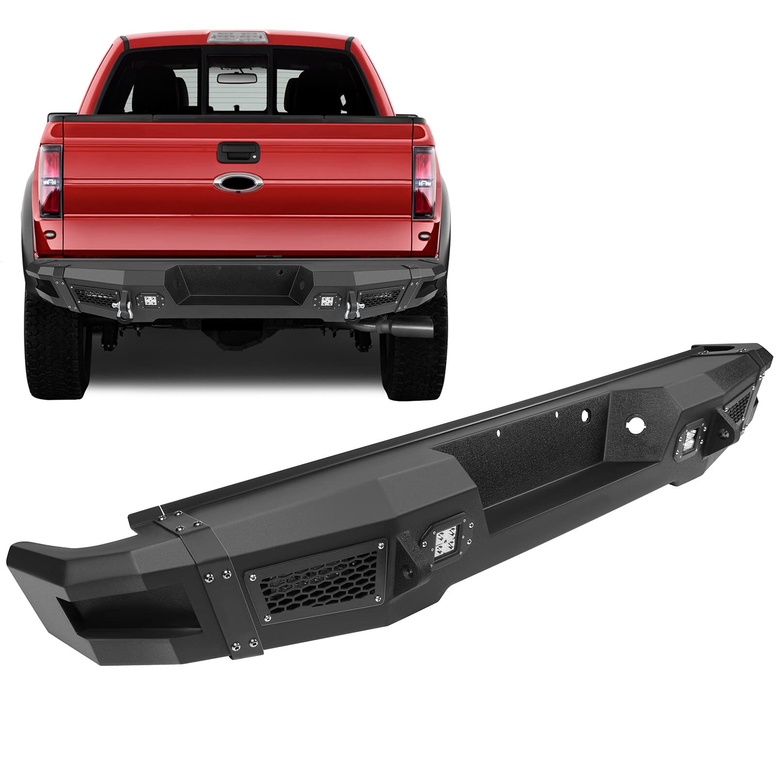 SCITOO Rear Bumper Replacement for 2009-2014 Ford F-150 with D-Ring & LED Lights - Textured Black - Heavy Duty Off-Road Truck Accessory for Towing & Adventure