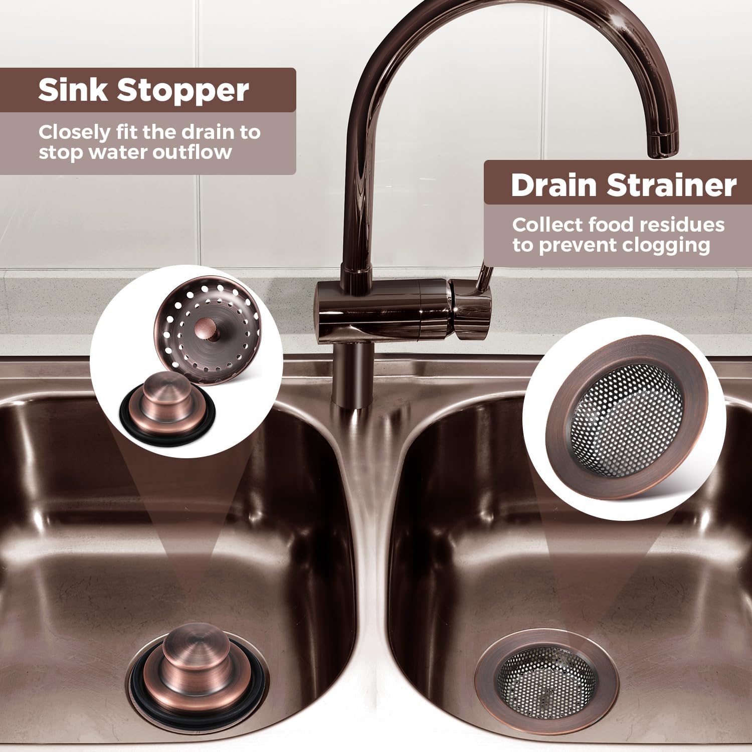 3-Pack Stainless Steel Kitchen Sink Drain Strainer & Stopper - Universal Garbage Disposal Plug with Handle, Anti-Clogging Filter Sieve Basket (Antique Copper) for Easy Food Waste Disposal - Perfect for Kitchen Sinks, Bar Sinks, and Utility Sinks