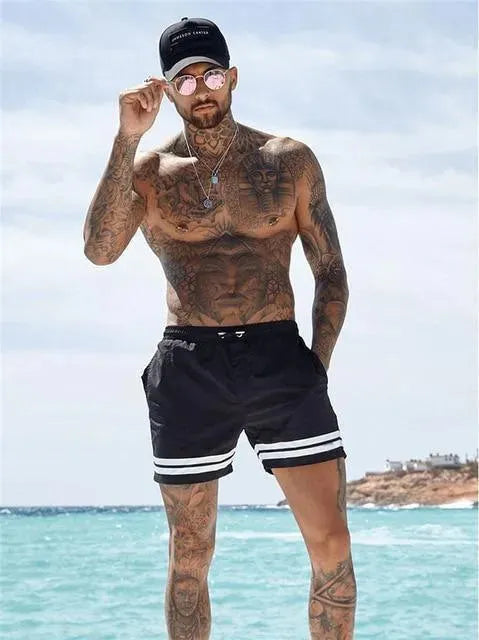 Men's Striped Beach Shorts - Quick Dry Swim Trunks for Summer Vacation & Poolside Relaxation