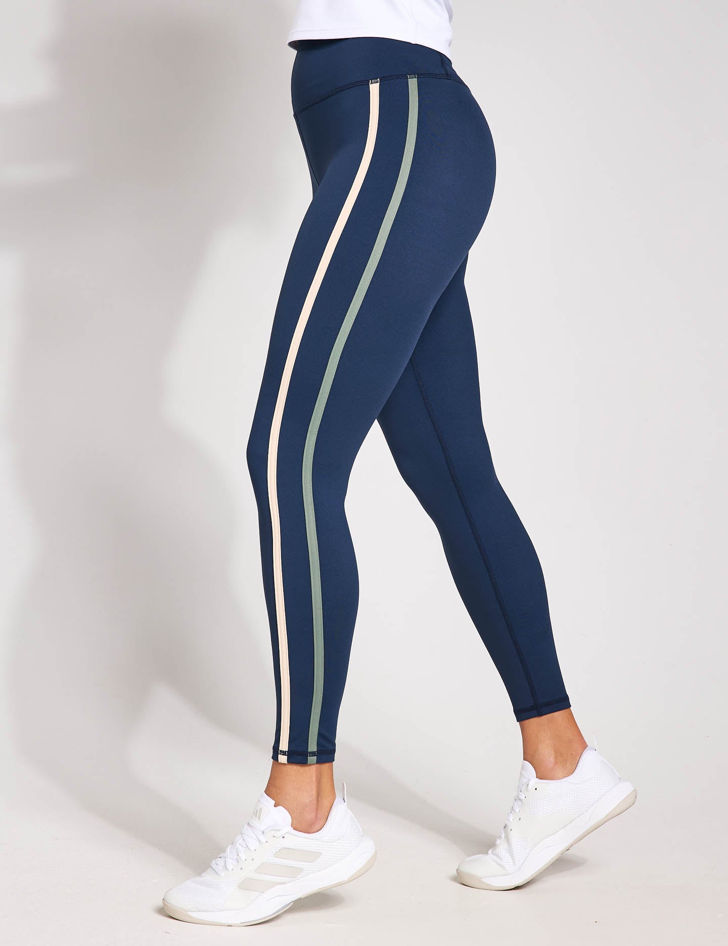 Women's Navy Blue Chelsea Side Stripe Leggings - High Waisted Yoga Pants for Workout, Running & Lounge Wear