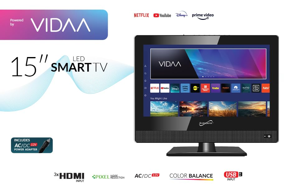 Supersonic SC-1520VTV 15.6 Inch Smart LED TV with VIDAA OS - 1080p Full HD, WiFi Connectivity, Built-in Speakers, USB Port, 3 HDMI ARC Ports - Perfect for Kitchen, RV, Boat, Truck, Playroom & Bedroom - Includes Remote & DC Car Power Cord (Black)
