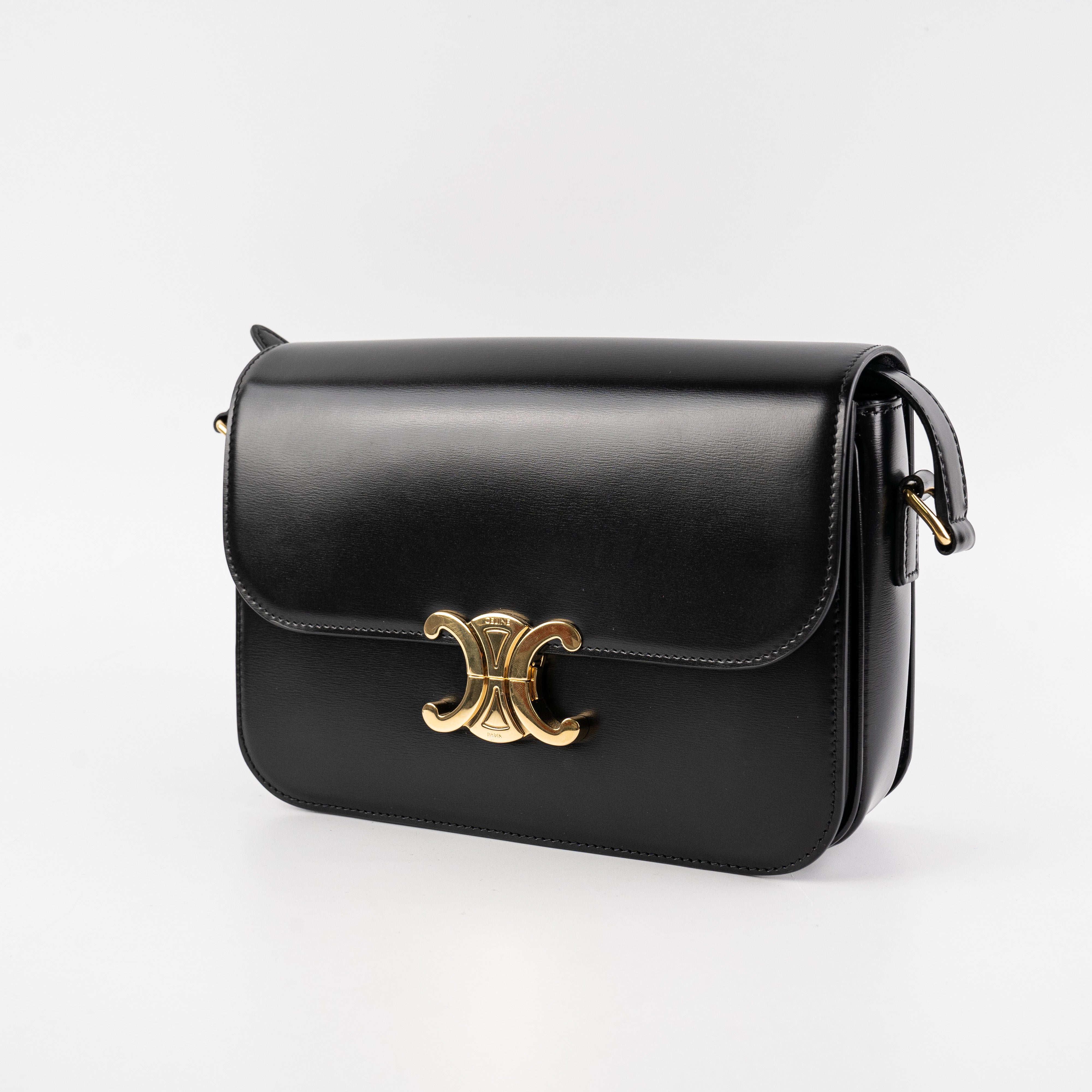Celine Triomphe Medium Black Leather Crossbody Bag for Women | Luxury Designer Handbag for Everyday Use, Work & Evening Out