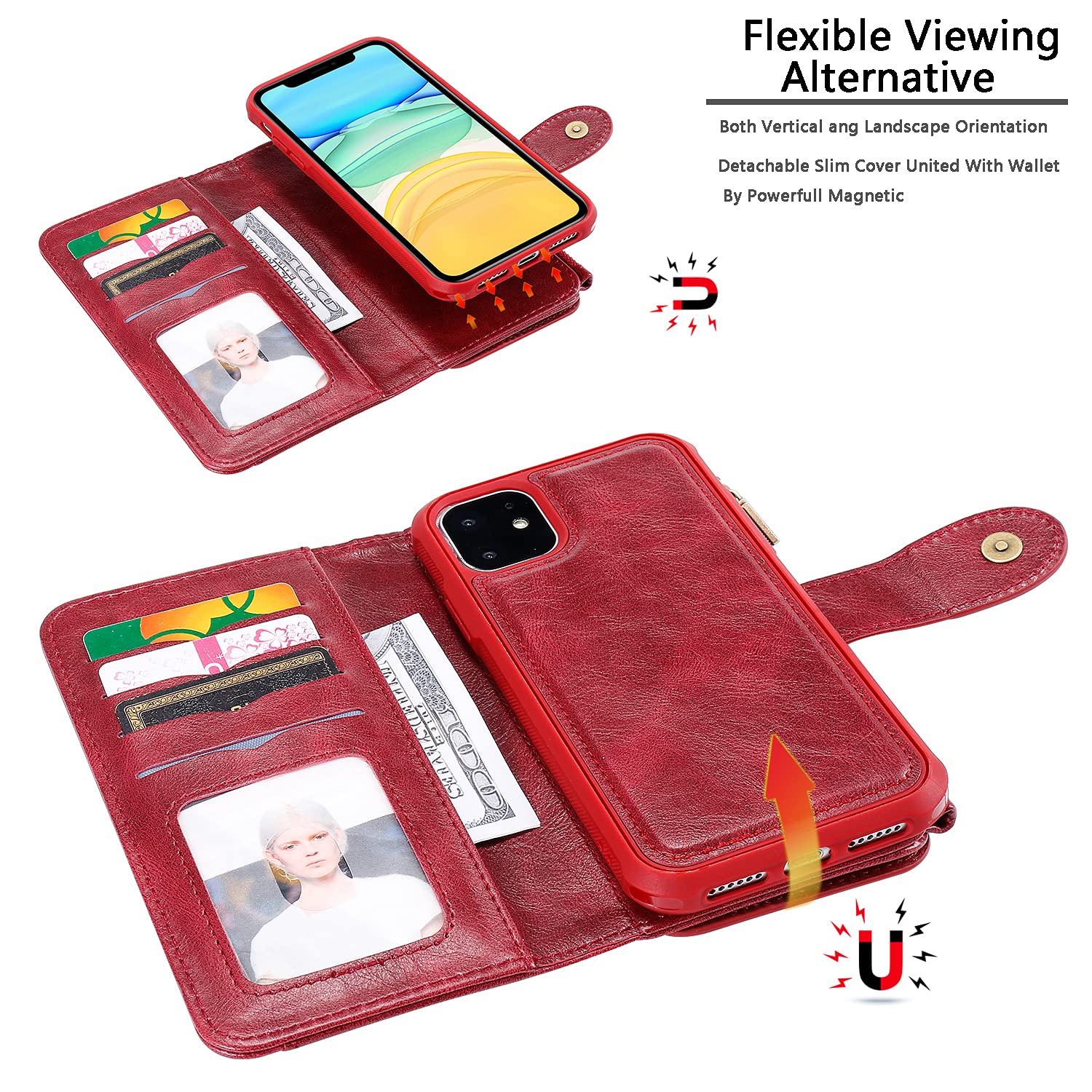 Premium 2-in-1 Magnetic Detachable Wallet Case for Apple iPhone 11 Pro - Luxury Leather Flip Cover with Zipper Card Holder & Strong Magnets (Wine Red) | Perfect for Business, Travel & Everyday Use