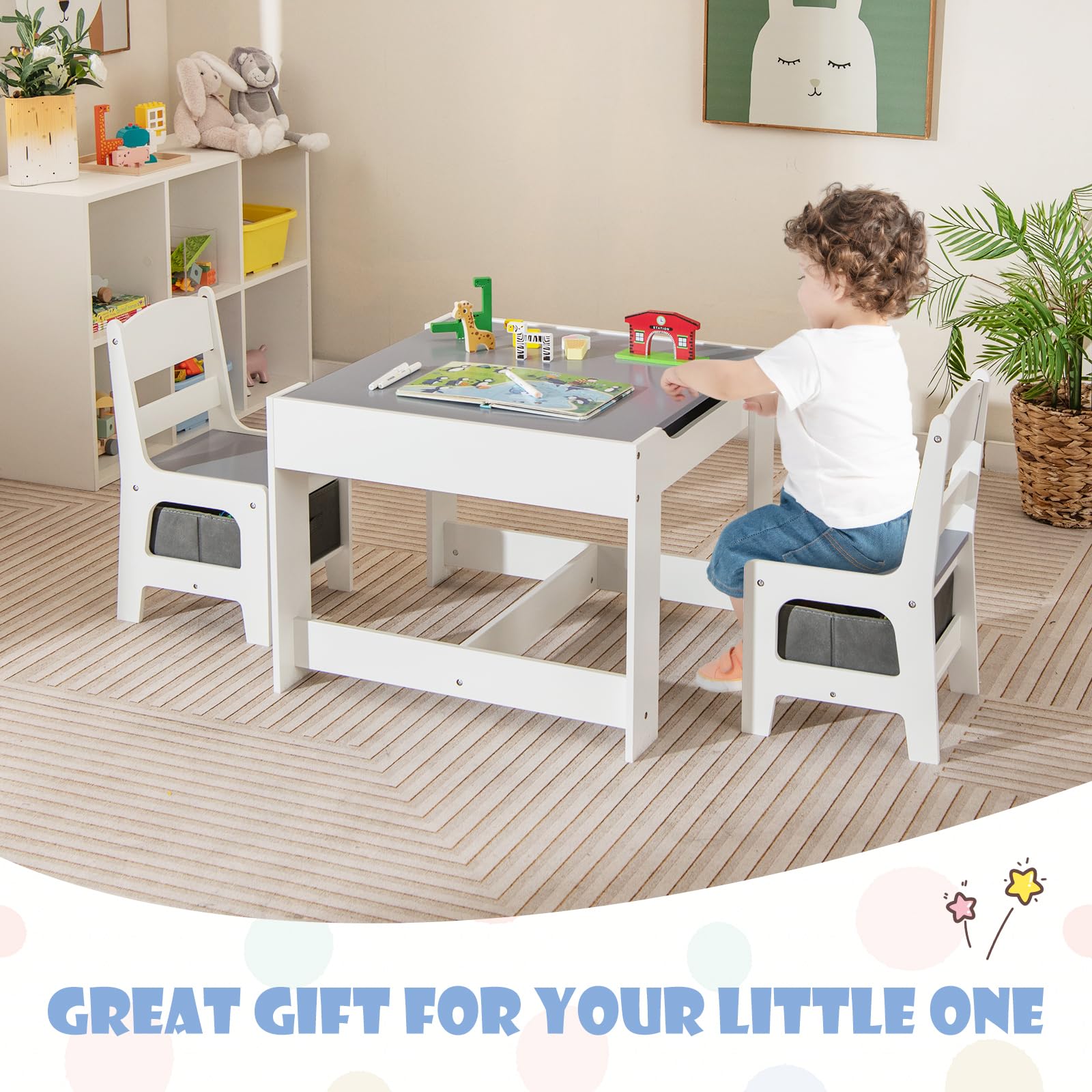 HONEY JOY 3-in-1 Kids Wooden Table and Chair Set with Storage Drawer - Toddler Activity Table for Arts & Crafts, Daycare, Playroom - Perfect Gift for Boys & Girls (3-Piece Children's Furniture Set) - Ideal for Home, Preschool & Birthday Presents