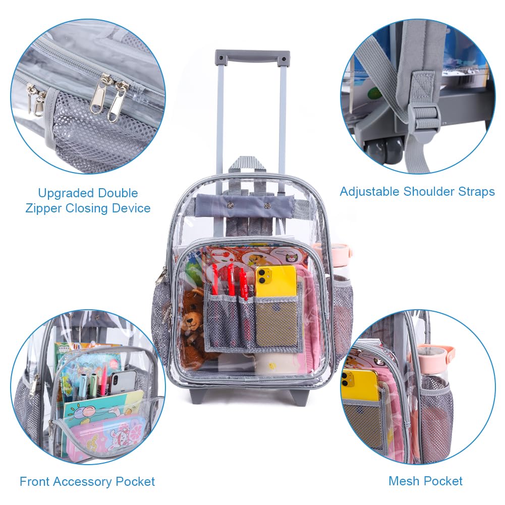Durable Rolling Clear Backpack - Heavy Duty Cold-Resistant Transparent PVC Wheeled Backpack for School, Travel & Security Checks (Grey)
