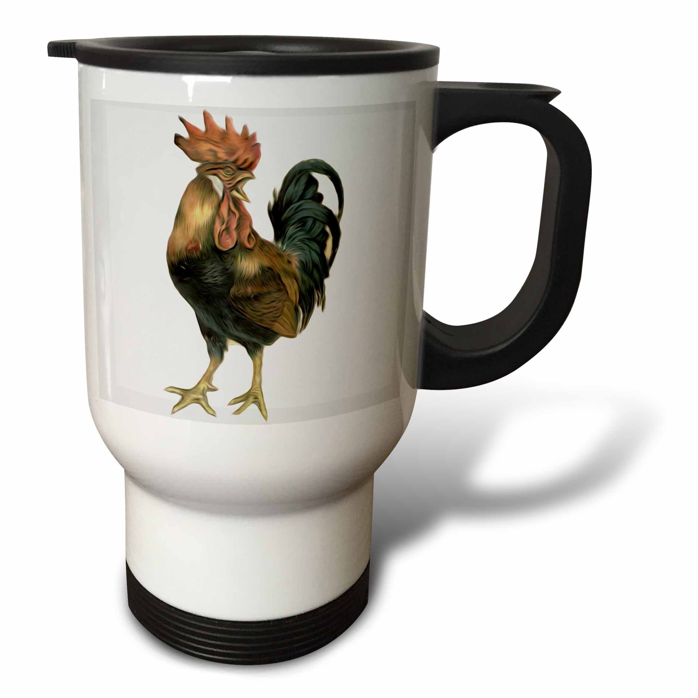 Vintage Antique Rooster Chicken Travel Mug - 14oz Insulated Coffee Cup with 3D Rose Bird Illustration - Perfect for Camping, Office & Outdoor Adventures
