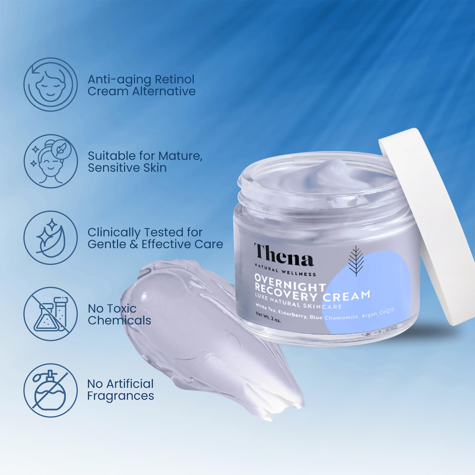 THENA Overnight Recovery Cream - Anti-Aging Night Face Moisturizer with Collagen for Women & Men | Organic & Natural Skincare | Deep Hydration & Wrinkle Reduction | Perfect for Nighttime Skin Repair & Rejuvenation
