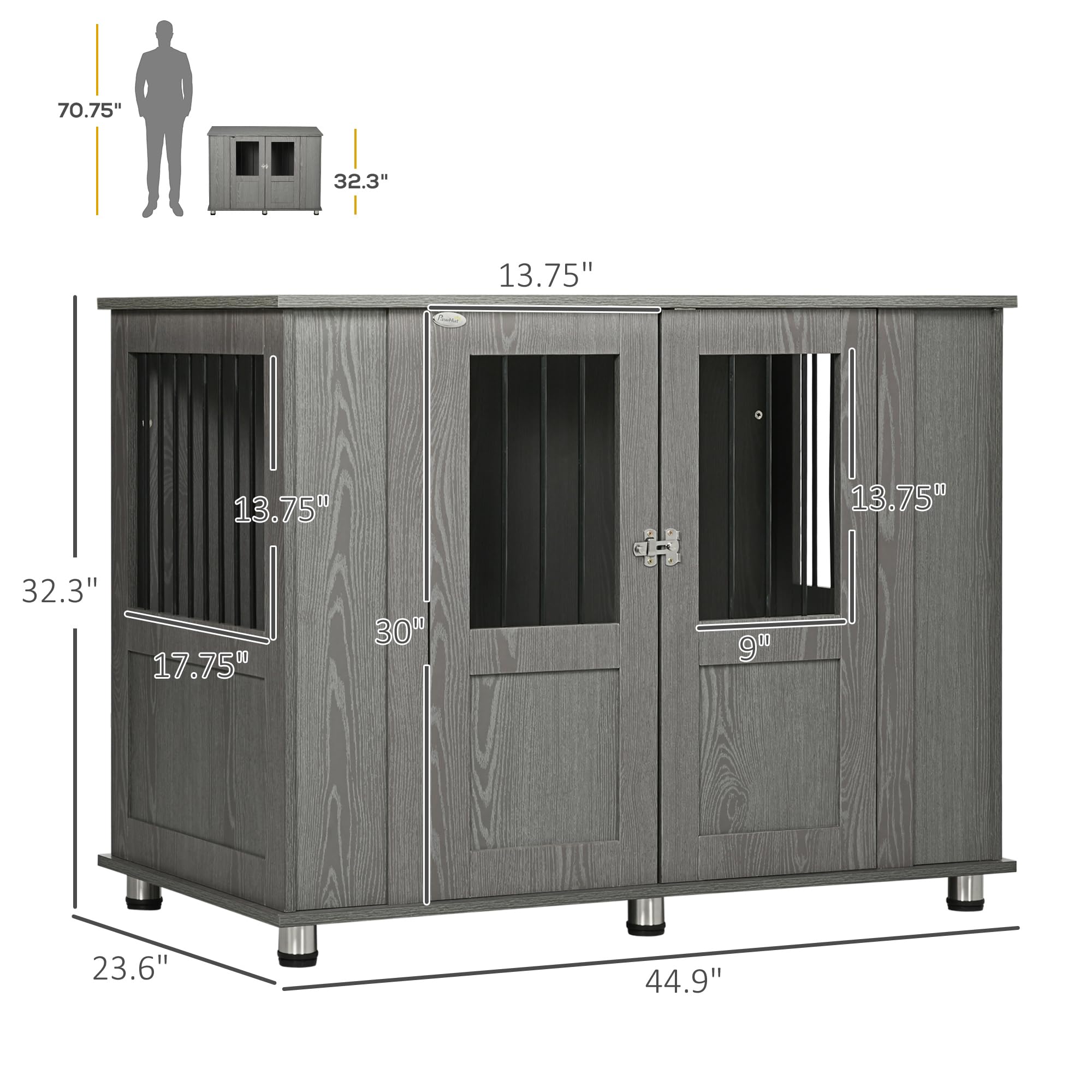 PawHut Extra Large Wooden Dog Crate Furniture - Lockable Magnetic Door Pet Kennel, Indoor Animal Cage with End Table Design, Gray | Perfect for Living Room, Bedroom & Home Decor