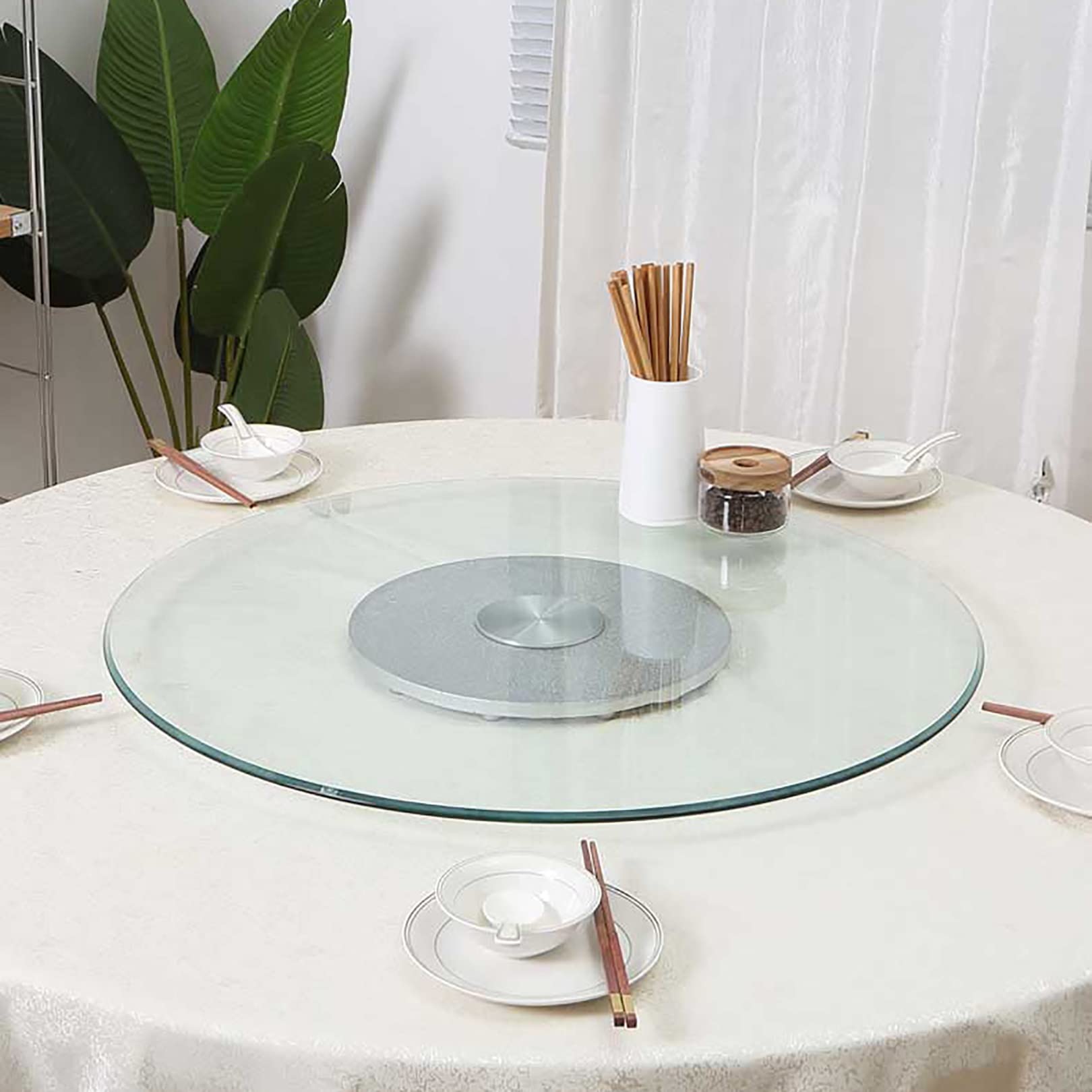 Heavy Duty Lazy Susan Turntable - 24 Inch Tempered Glass Rotating Serving Tray with Silent Bearing - Perfect for Dining Tables, Buffets, and Party Serving - Transparent Round Swivel Plate (Battery Included)