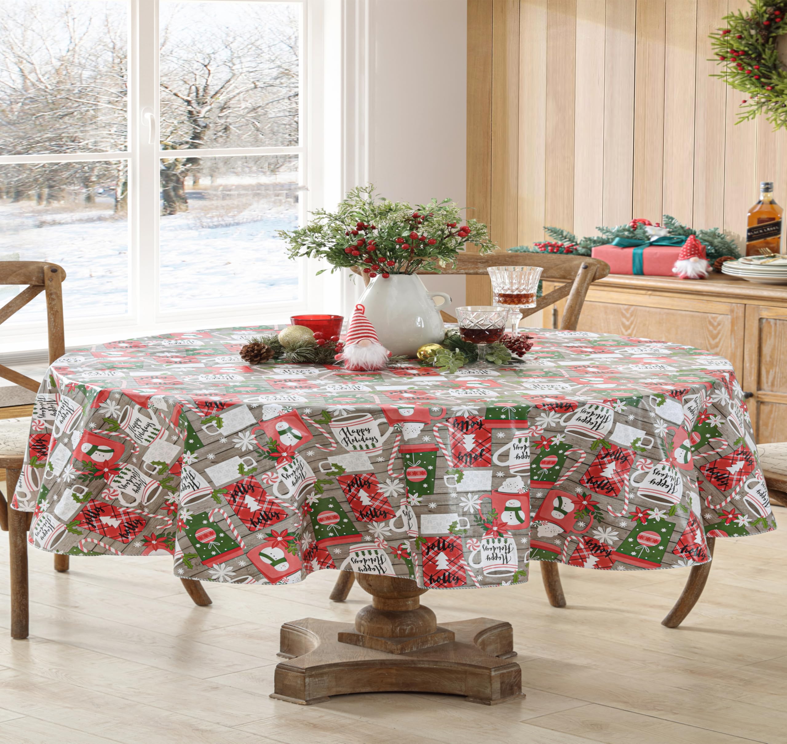 Festive Christmas Tablecloth - Jolly Holiday Candy Cane Print Flannel Back Vinyl Table Cover (60