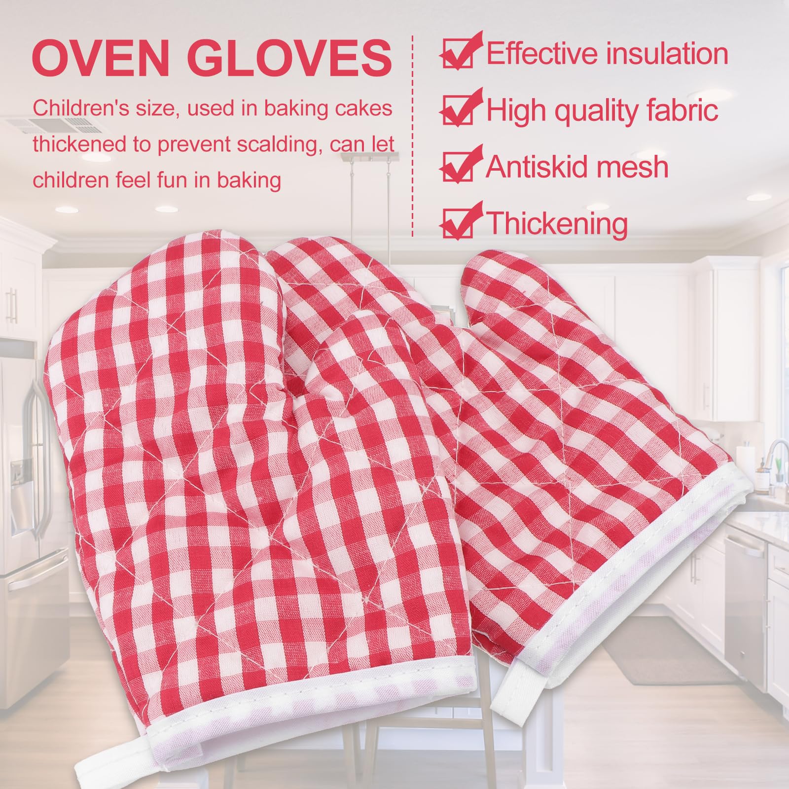 UPKOCH Red Plaid Heat Resistant Oven Mitts for Kids - Cute Kitchen Gloves for Baking & Cooking (2 Pack) - Extra Long Silicone Lined Mittens - Perfect for Young Bakers, Home Chefs & Holiday Cookie Decorating