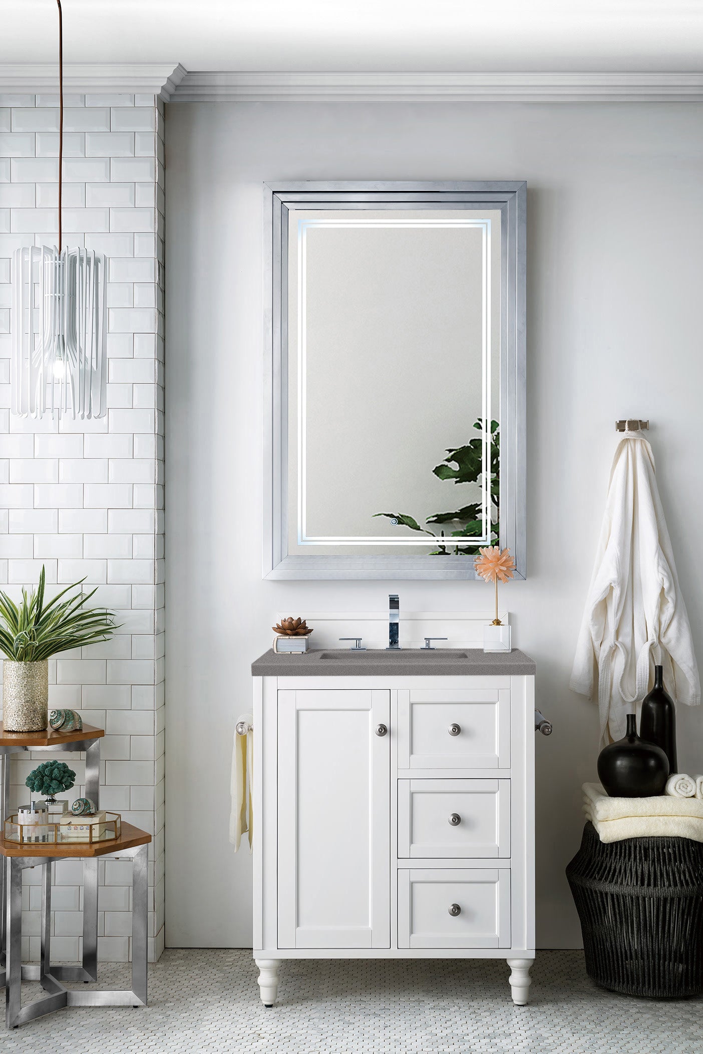 Copper Cove Encore 30 Inch Single Bathroom Vanity Set with 3CM Grey Expo Quartz Top - Bright White Finish for Modern Home & Apartment Bathrooms