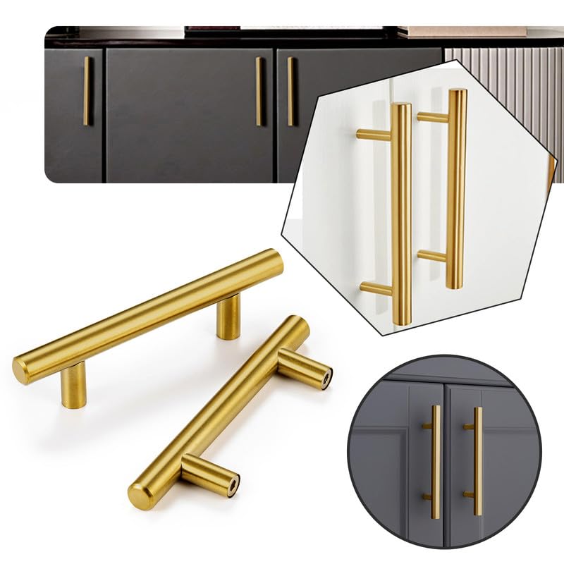 25 Pack 5 Inch Stainless Steel Cabinet Pulls & Drawer Handles - Brushed Brass Finish, 3