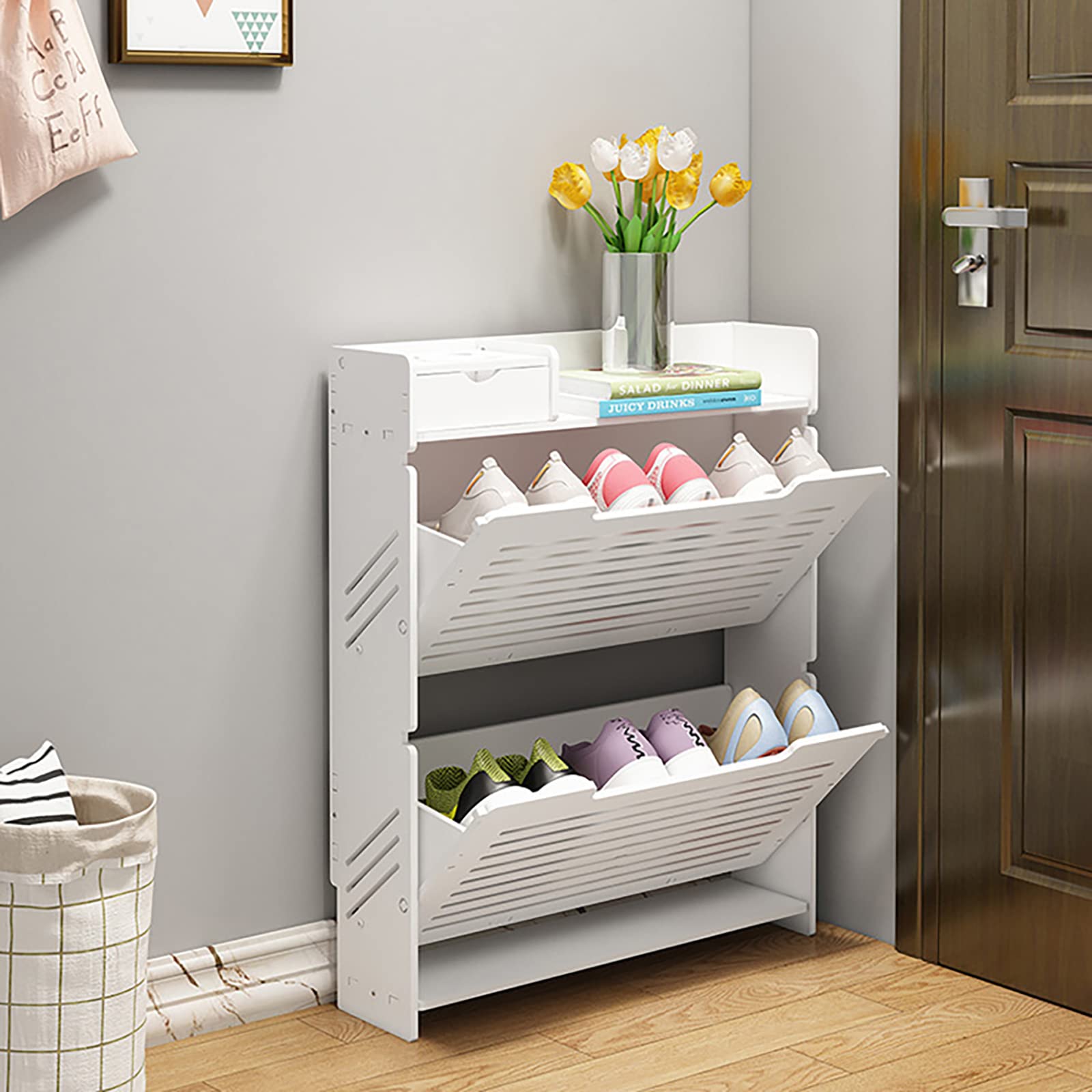 Modern Narrow White Flip Down Shoe Rack Shelf (2 Tiers) - Space Saving Shoe Organizer for Closet, Entryway & Small Apartments - Perfect for Storing Shoes, Sandals & Sneakers