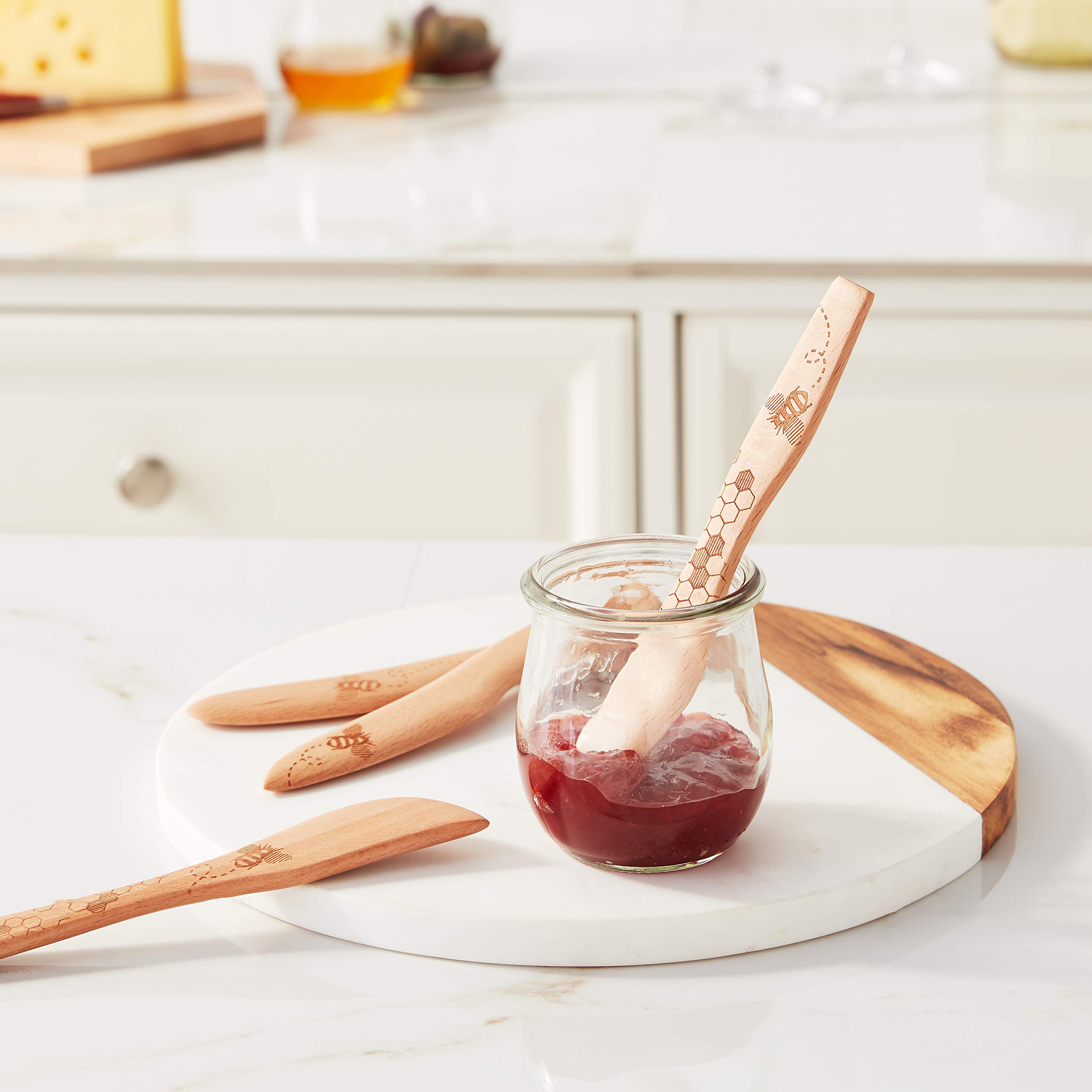 Premium Laser Etched Beechwood Cheese Spreaders Set of 4 - Honey Bee Design for Cutting & Spreading - Elegant & Functional Kitchen Utensils for Charcuterie Boards, Wine Parties & Gourmet Cheese Tasting