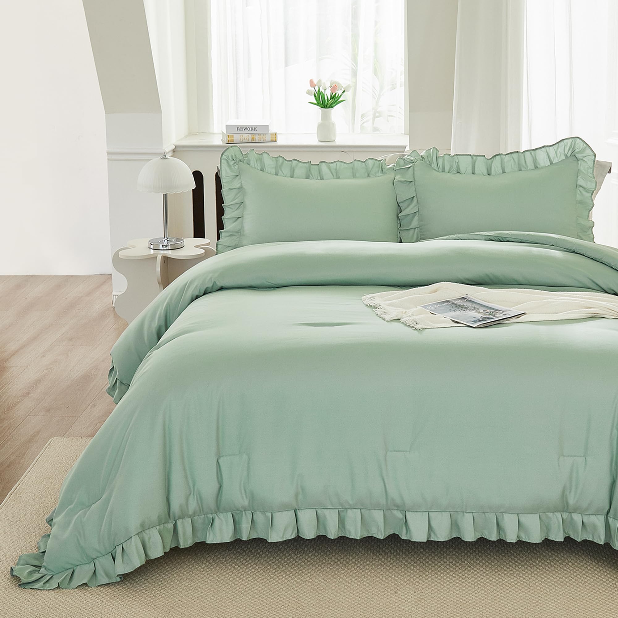 Andency Sage Green Comforter Set Full 3-Piece - Lightweight Soft Ruffle Bedding, Farmhouse Rustic Fluffy Microfiber Down Alternative Comforter (79x90 Inches) - Perfect for Guest Rooms, Master Bedrooms & Cozy Farmhouse Decor