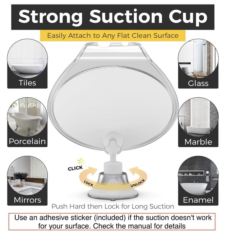 HONEYBULL Anti-Fog Shower Mirror with Suction Cup & Razor Holder - Fogless Bathroom Mirror for Shaving, Grooming & Makeup - Perfect Shower Accessory for Men & Women - White