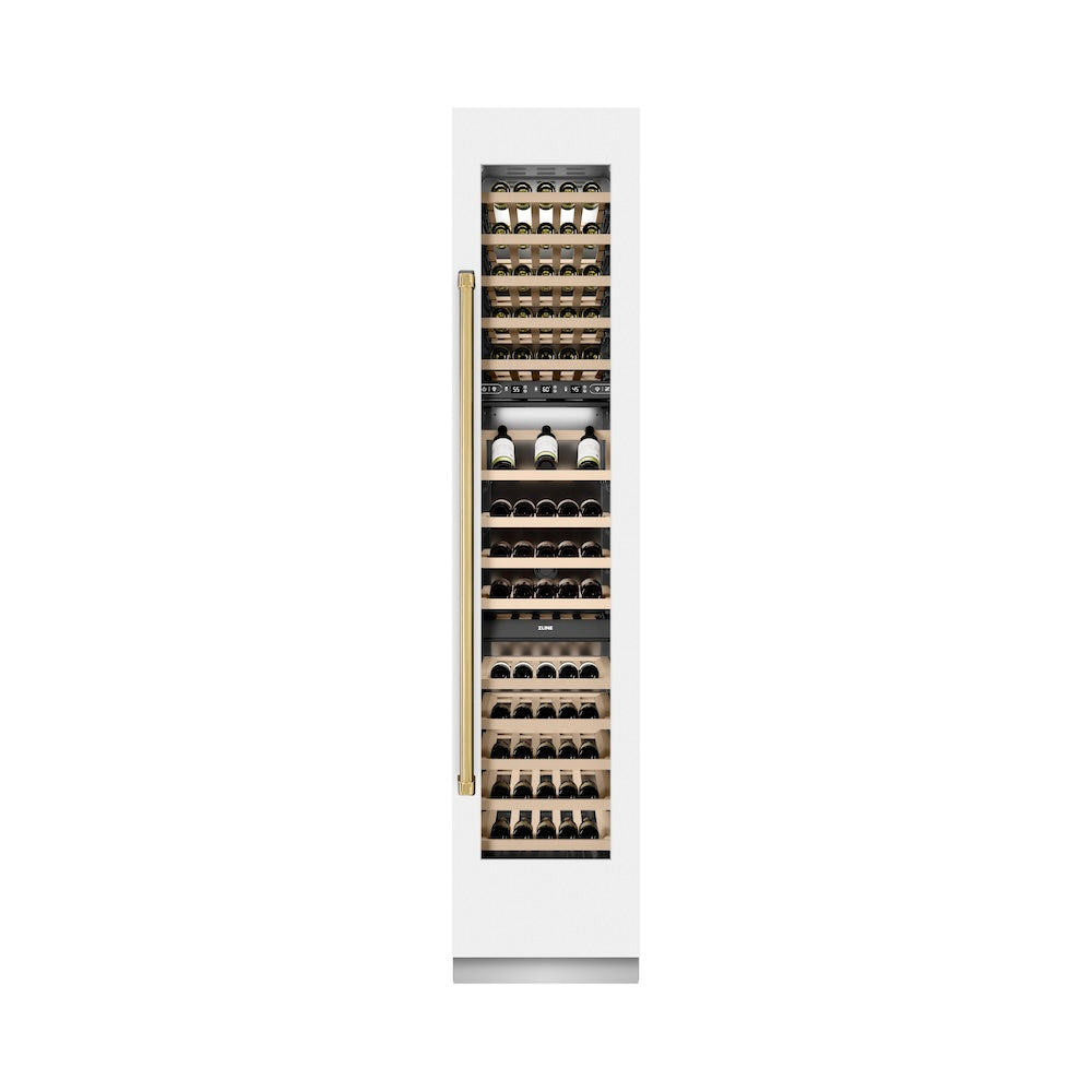 ZLINE Autograph Edition 18 Inch 9.0 cu ft Triple Zone 68 Bottle Right Hinge Column Wine Cooler - White Matte with Polished Gold Accents (RCWVRZ WM 18 G) | Perfect for Home Bars, Wine Cellars & Entertaining Spaces
