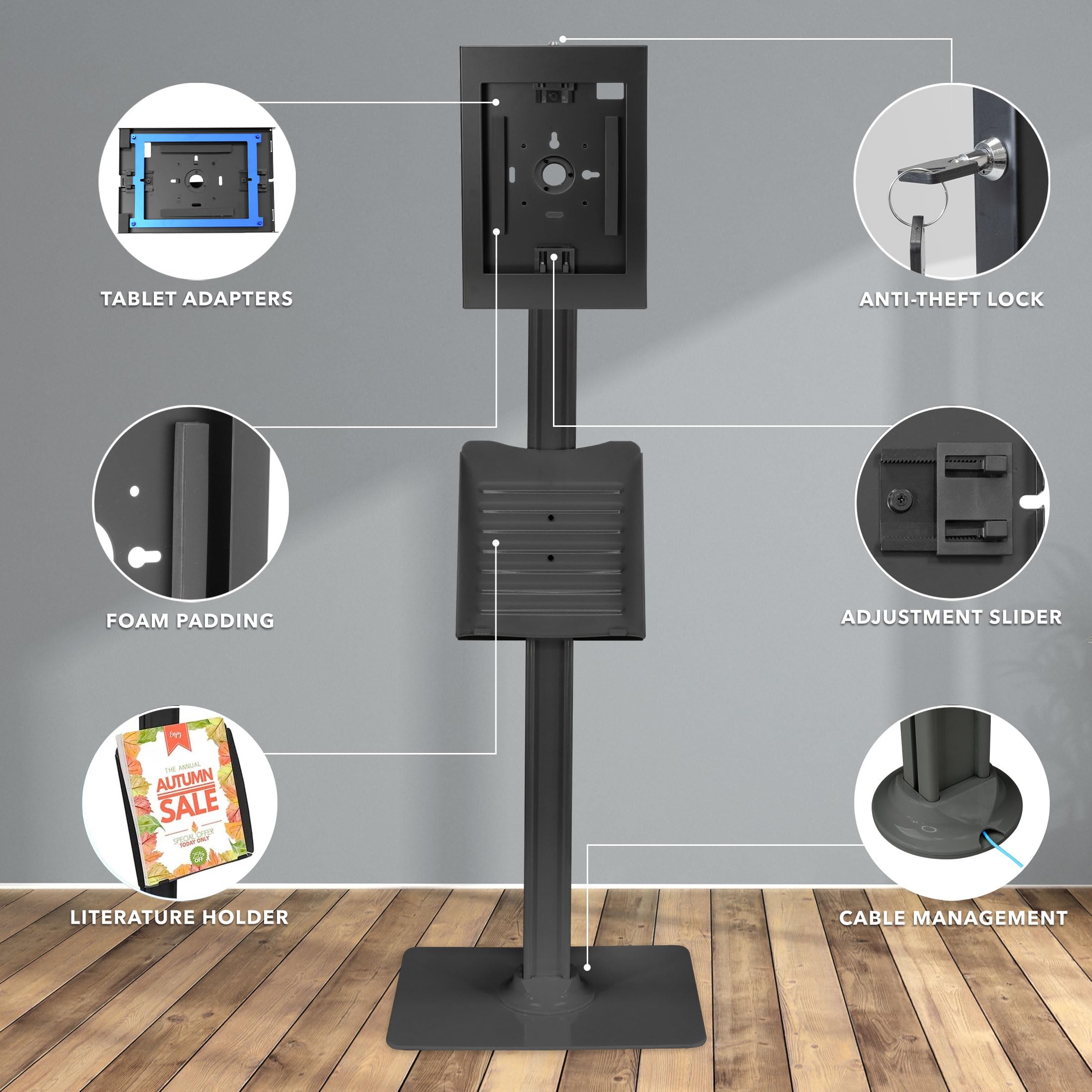 Mount-It! Universal Anti-Theft Floor Stand for iPad 7th-10th Gen, iPad Pro & iPad Air - Secure Adjustable Tablet Kiosk Mount with Locking Mechanism - Ideal for Retail Stores, Restaurants & Public Spaces